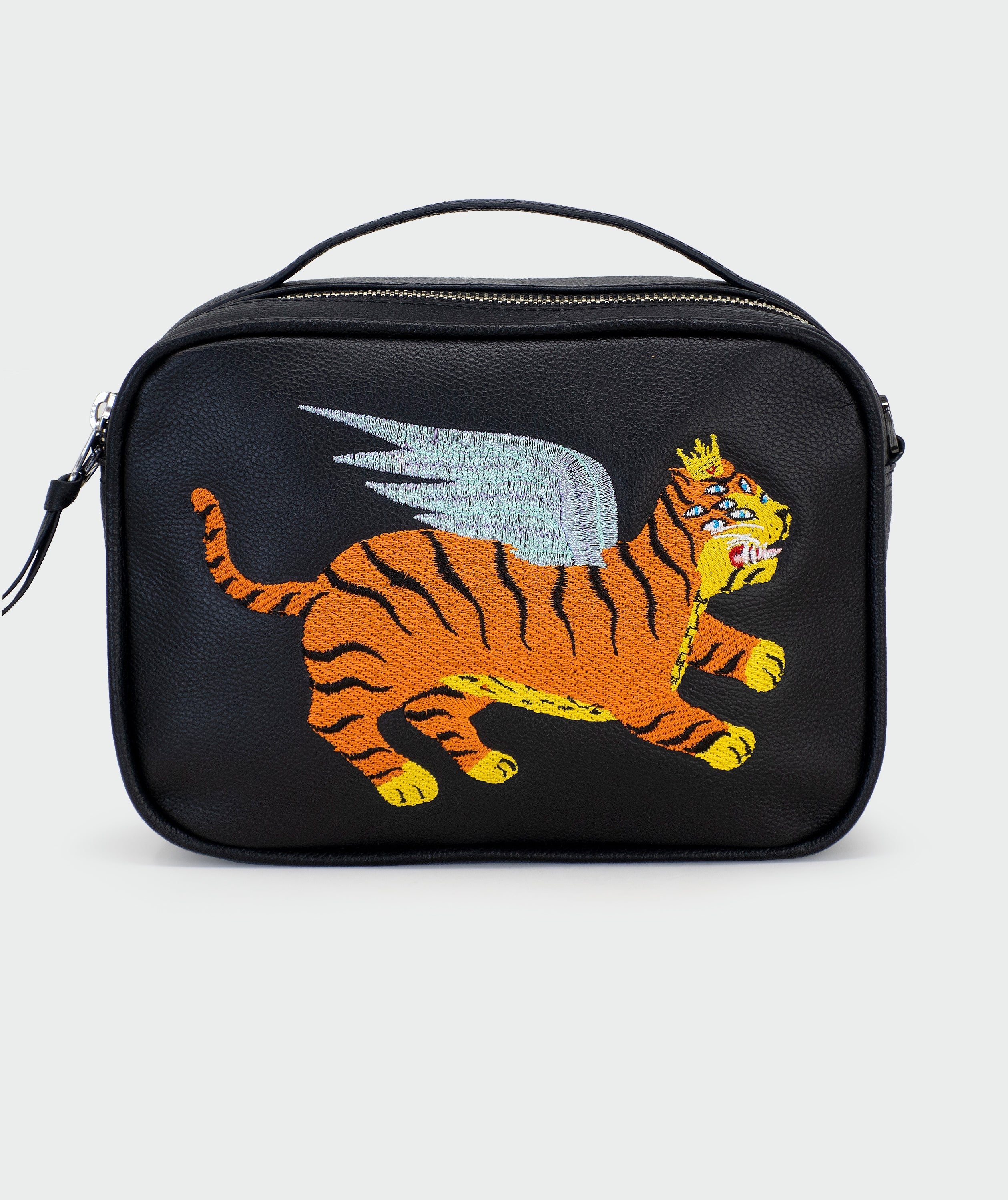 Verto Crossbody Black Leather Handbag - Flying Tiger Embroidery