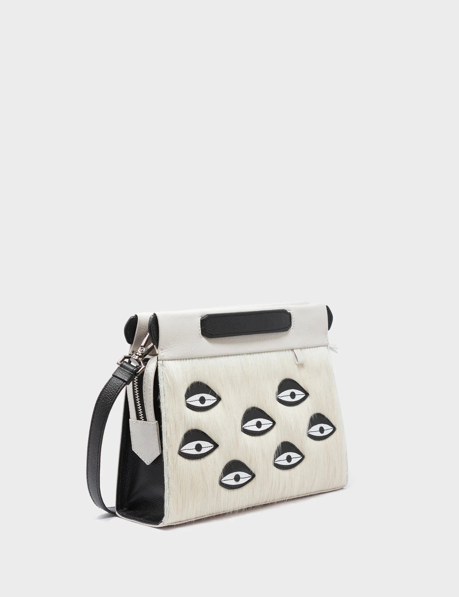 Vali Crossbody Small Cream Leather Bag - Eyes Applique Adjustable Handle - Main View