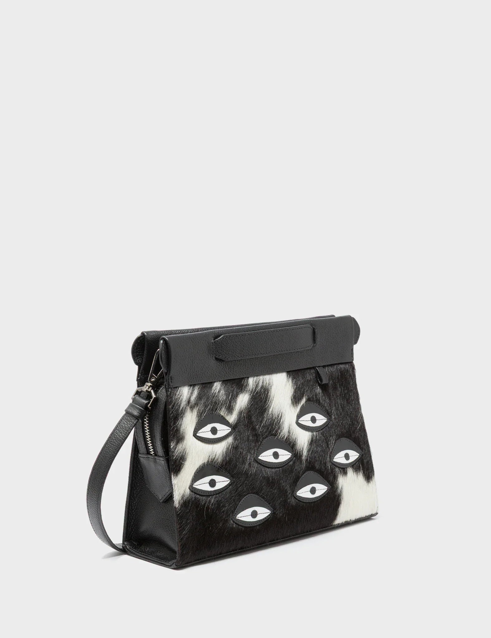 Vali Crossbody Small Black Leather Bag - Eyes Applique Adjustable Handle - Variant Main View