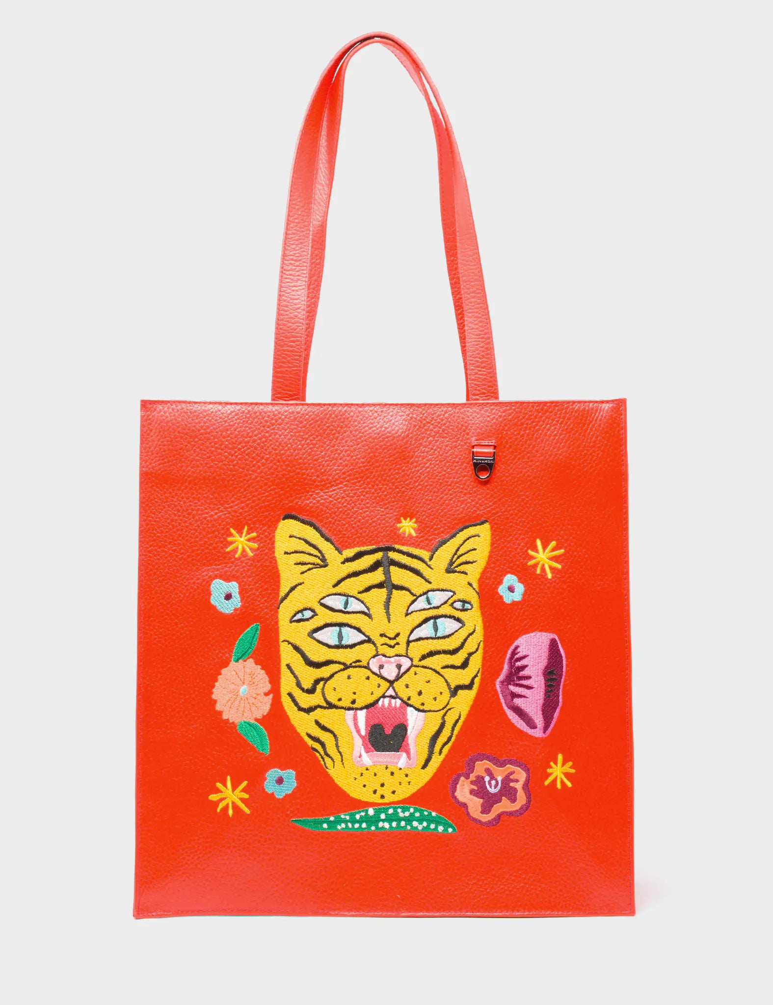 Marko Fiesta Red Leather Tote Bag - Tiger and Flowers Embroidery