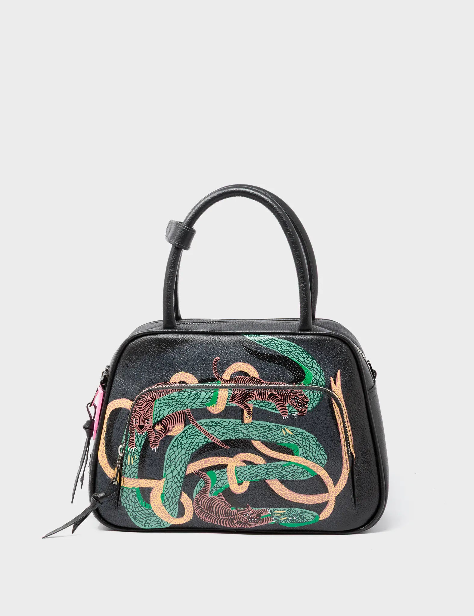 Marino Medium Crossbody Black Leather Bag - Tiger And Snake Print