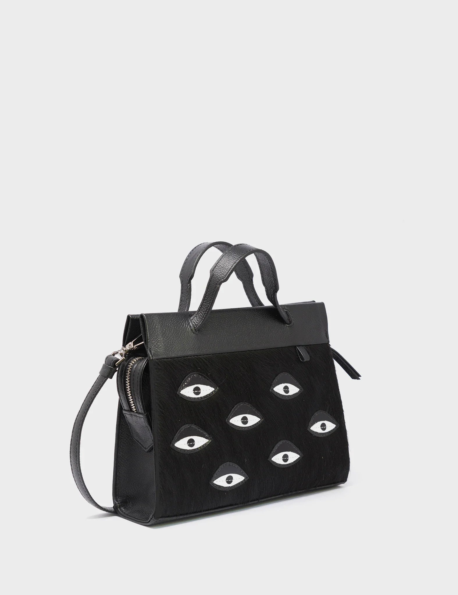 Vali Crossbody Small Black Leather Bag - Eyes Applique Adjustable Handle