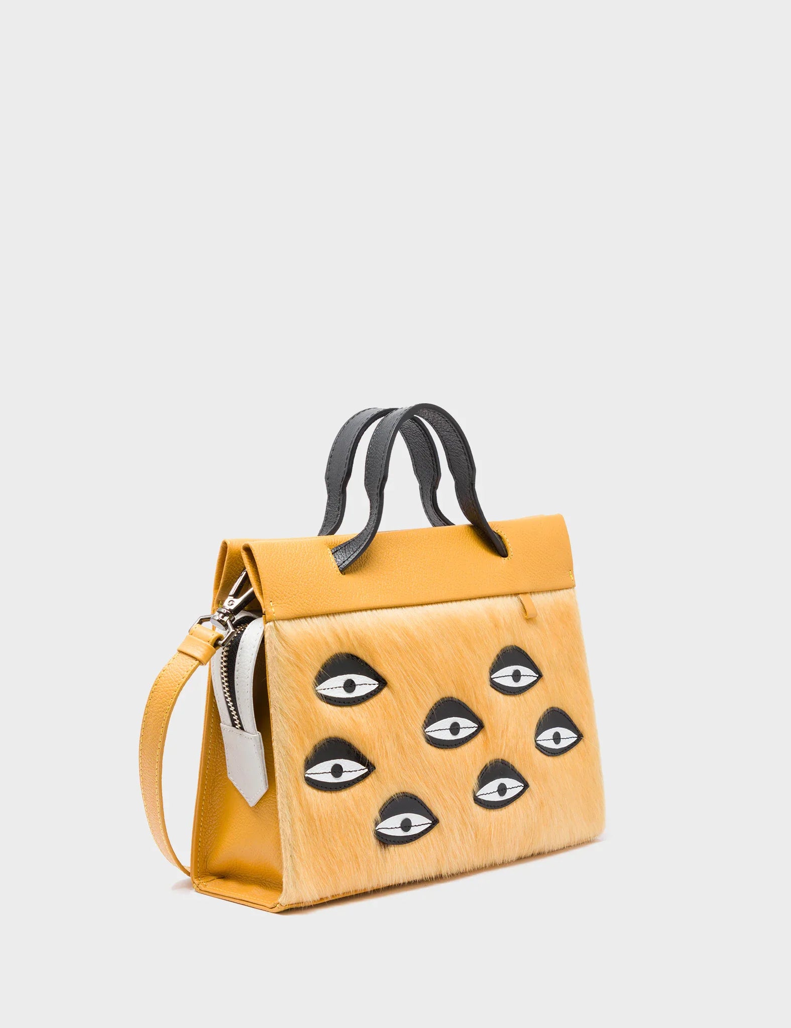 Vali Crossbody Small Golden And Black Leather Bag - Eyes Applique Adjustable Handle