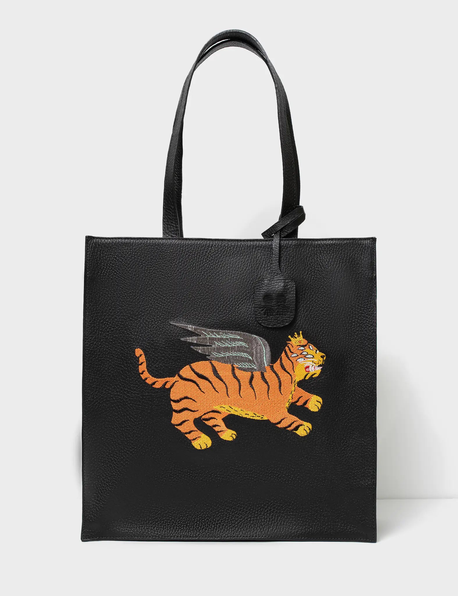 Marko Black Leather Tote Bag - Flying Tiger Embroidery