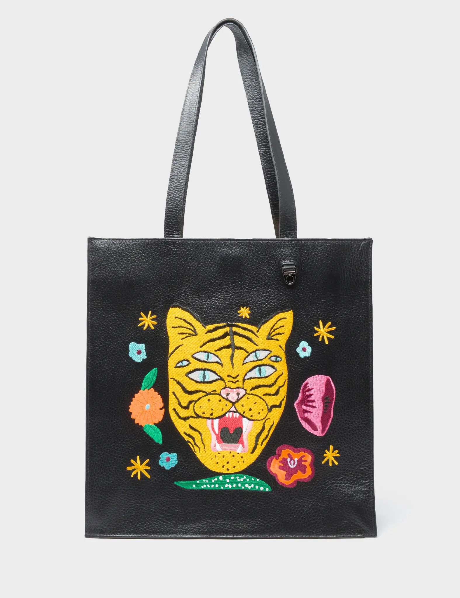 Marko Black Leather Tote Bag - Tiger and Flowers Embroidery