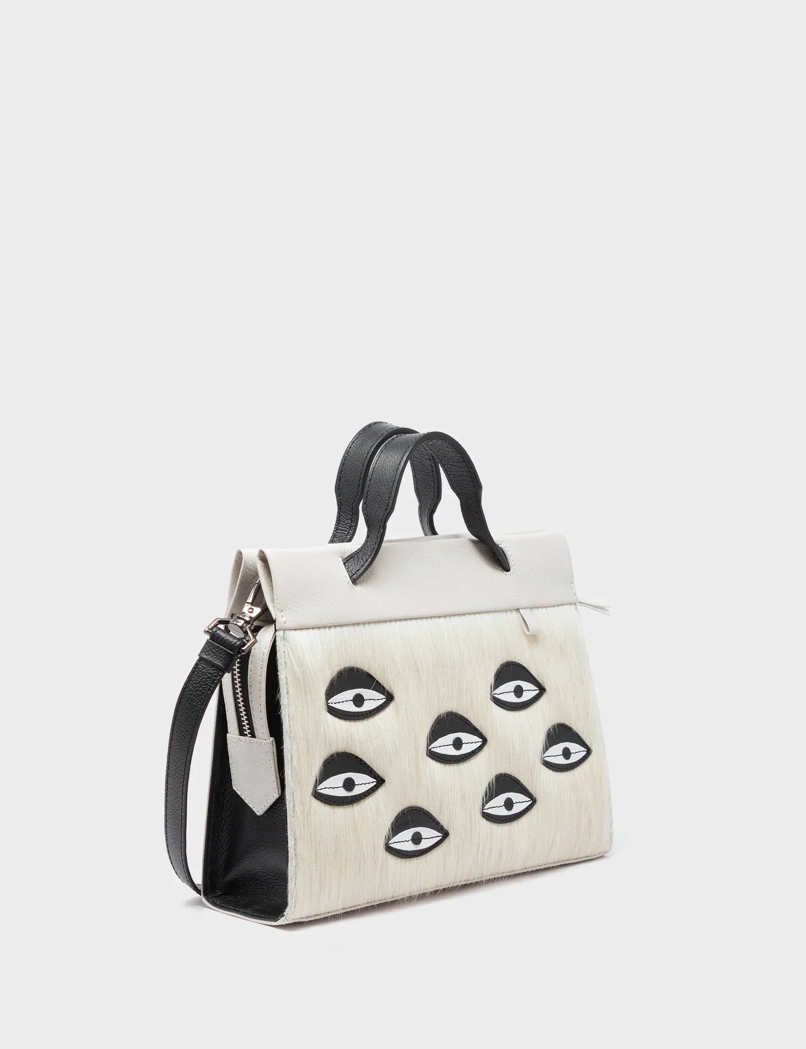 Vali Crossbody Small Cream Leather Bag - Eyes Applique Adjustable Handle