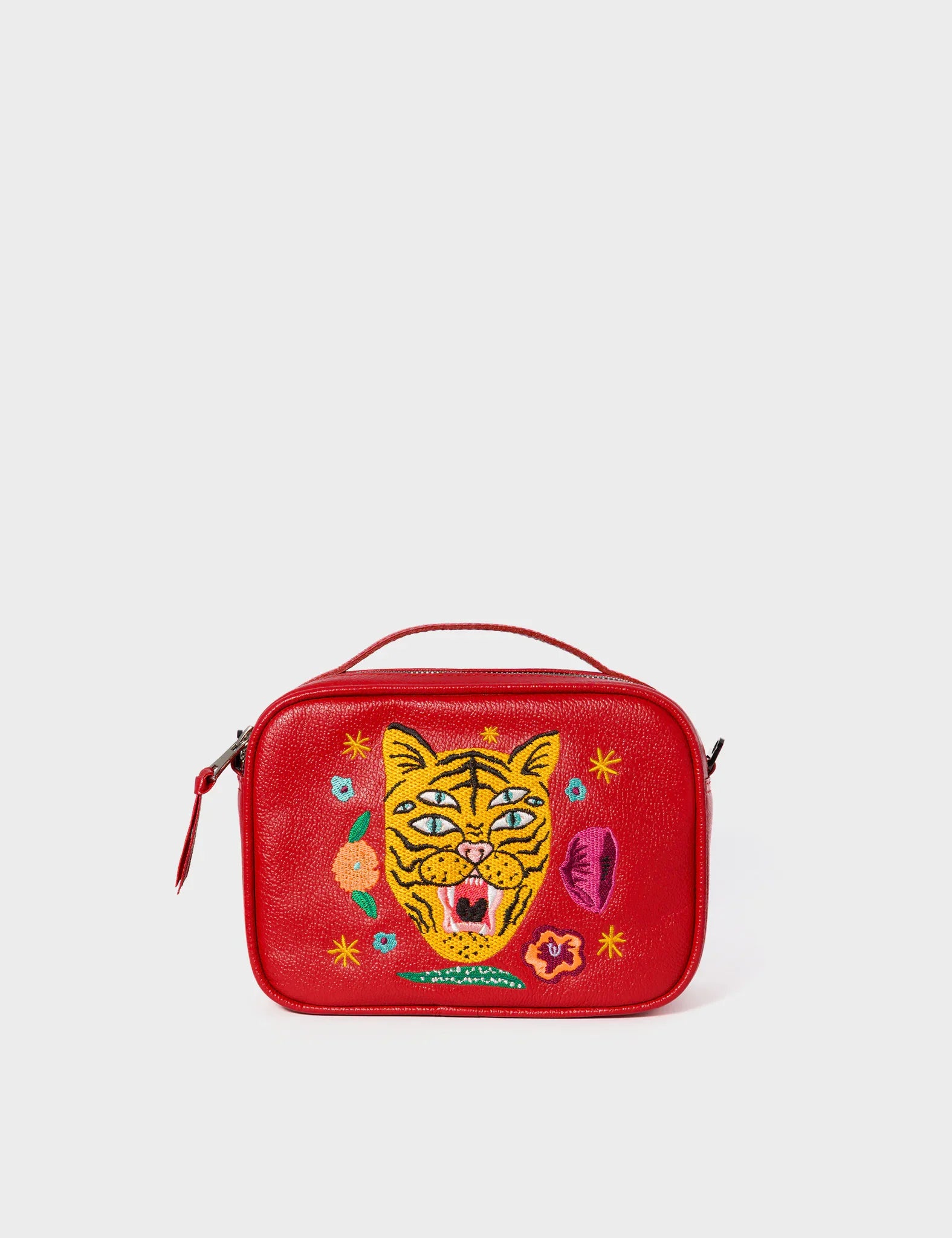 Verto Jester Red Leather Crossbody Bag - Happy Tiger Embroidery