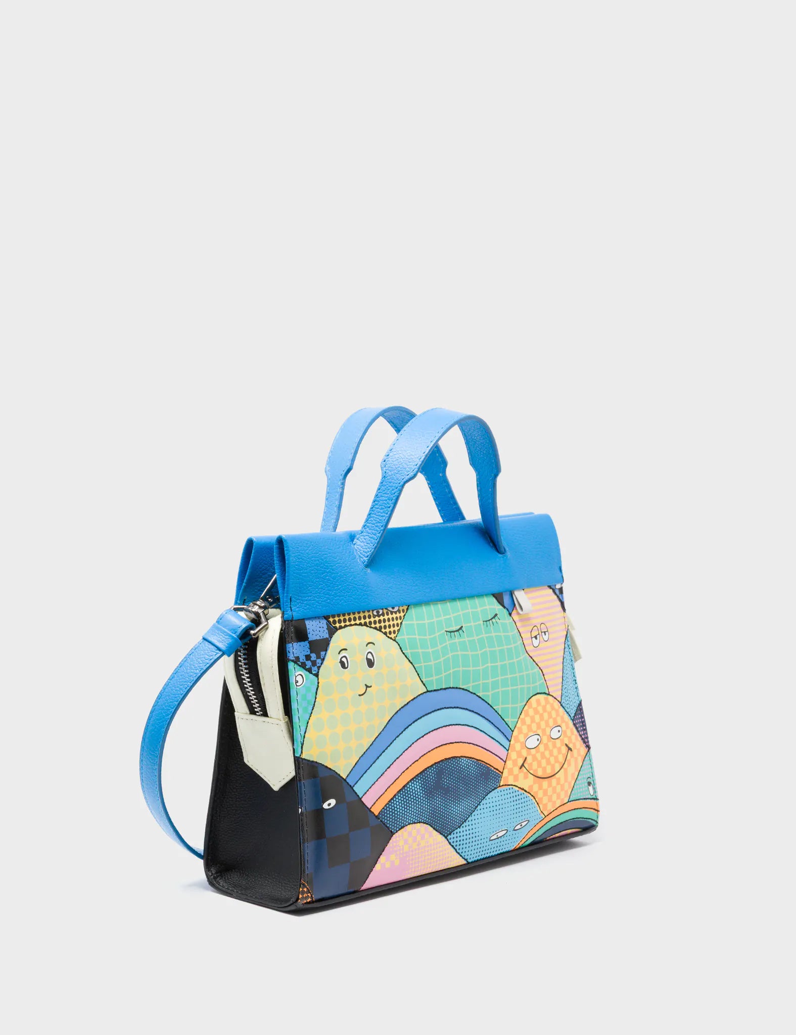 Vali Small Crossbody Ibiza Blue and Black Leather Bag - Happy Mountains Print