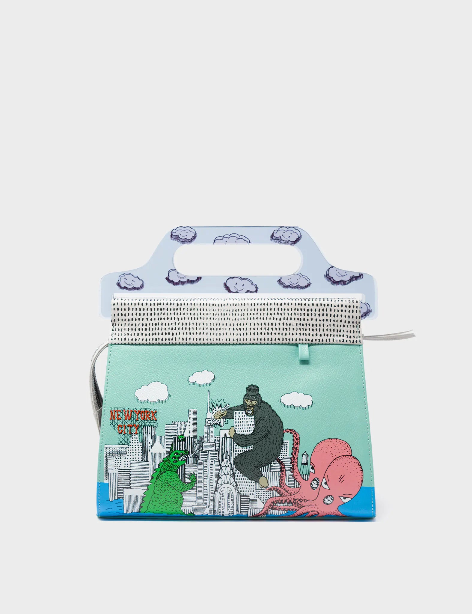 Vali Oceanic Green and Black Leather Crossbody Handbag Plastic Handle - Hairy Harold Print