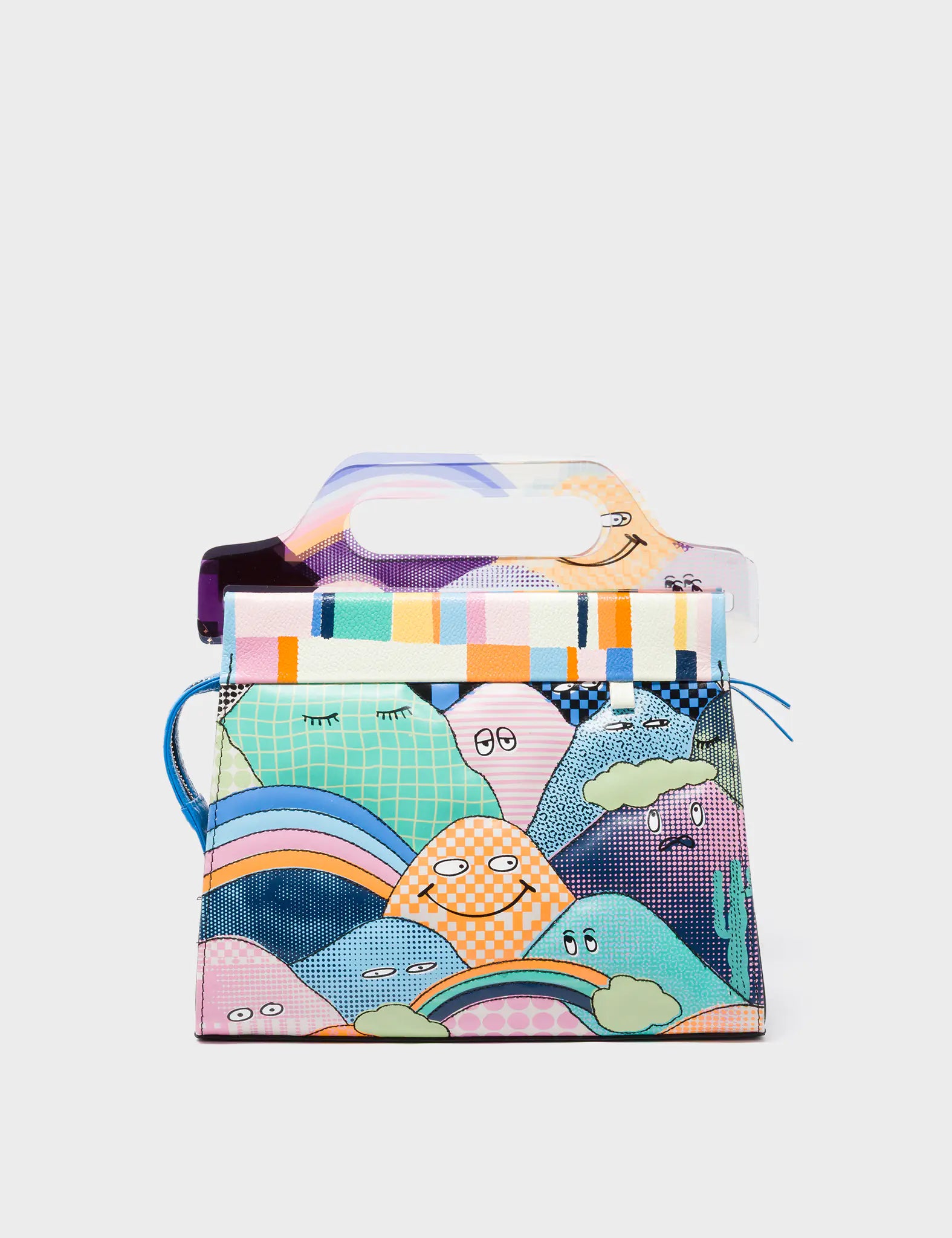 Vali Black Leather Crossbody Handbag Plastic Handle - Happy Mountanis Print