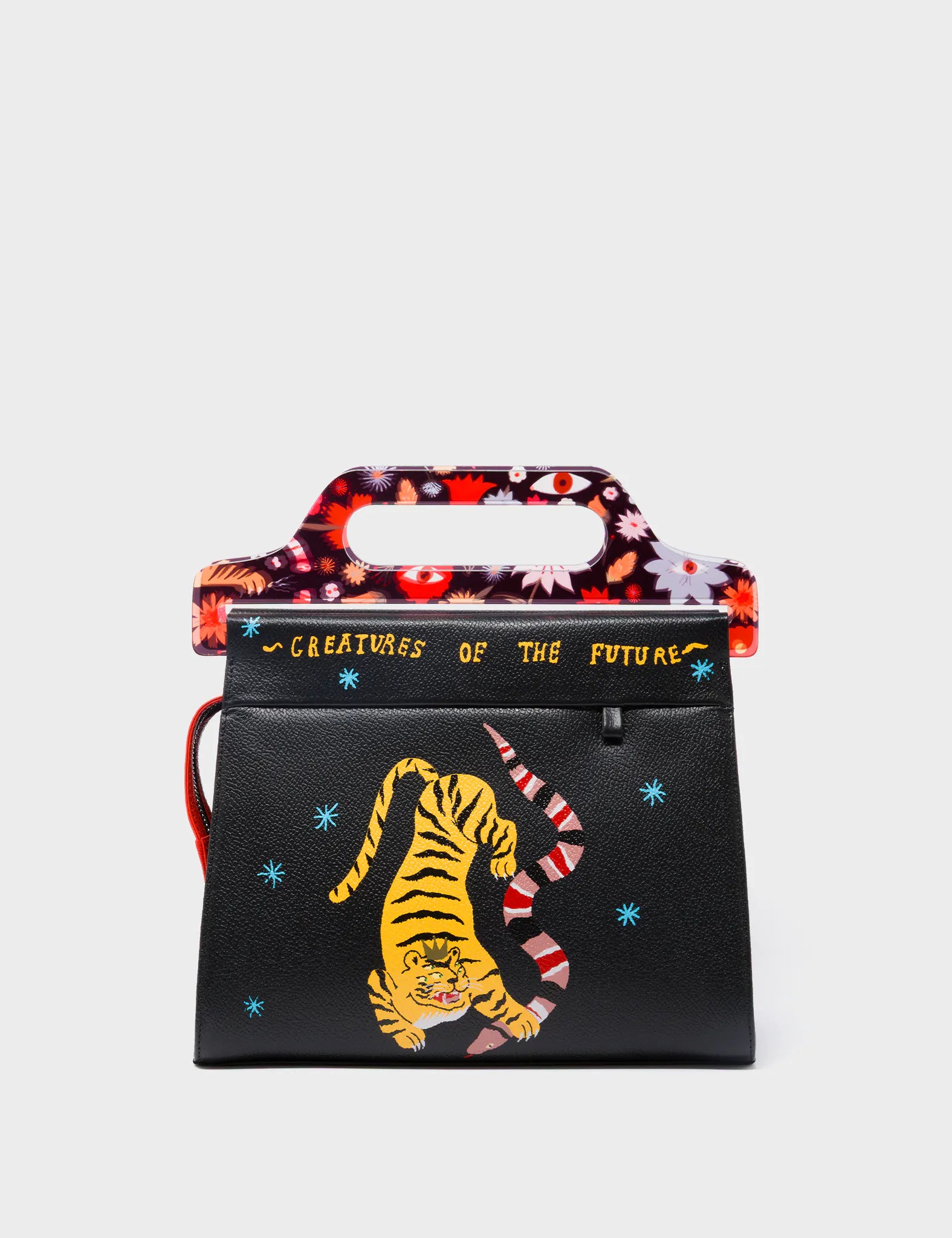 Vali Black Leather Crossbody Handbag Plastic Handle - Tiger And Snake Print