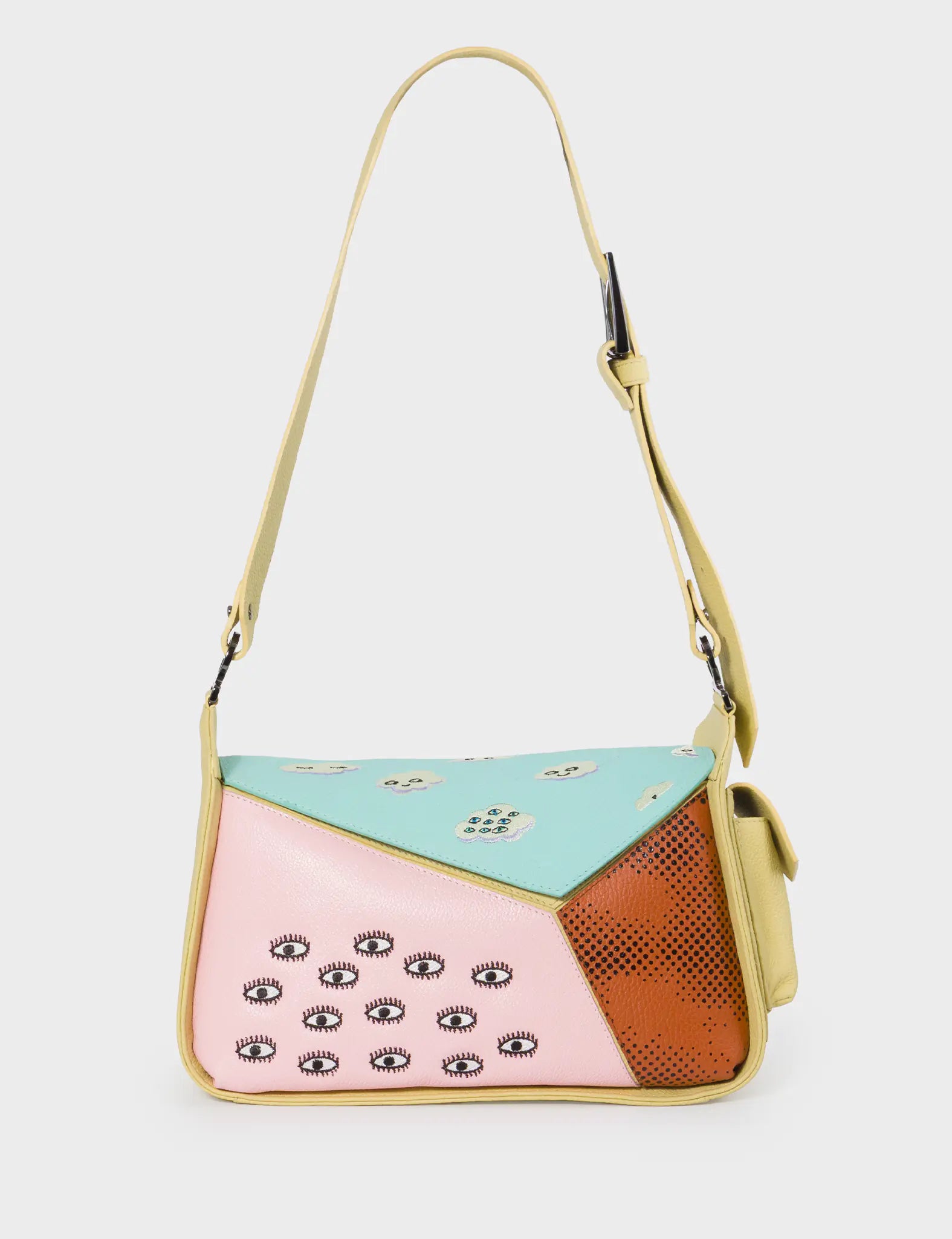 Houston Cocoon Leather Shoulder Bag - Happy Clouds Embroidery