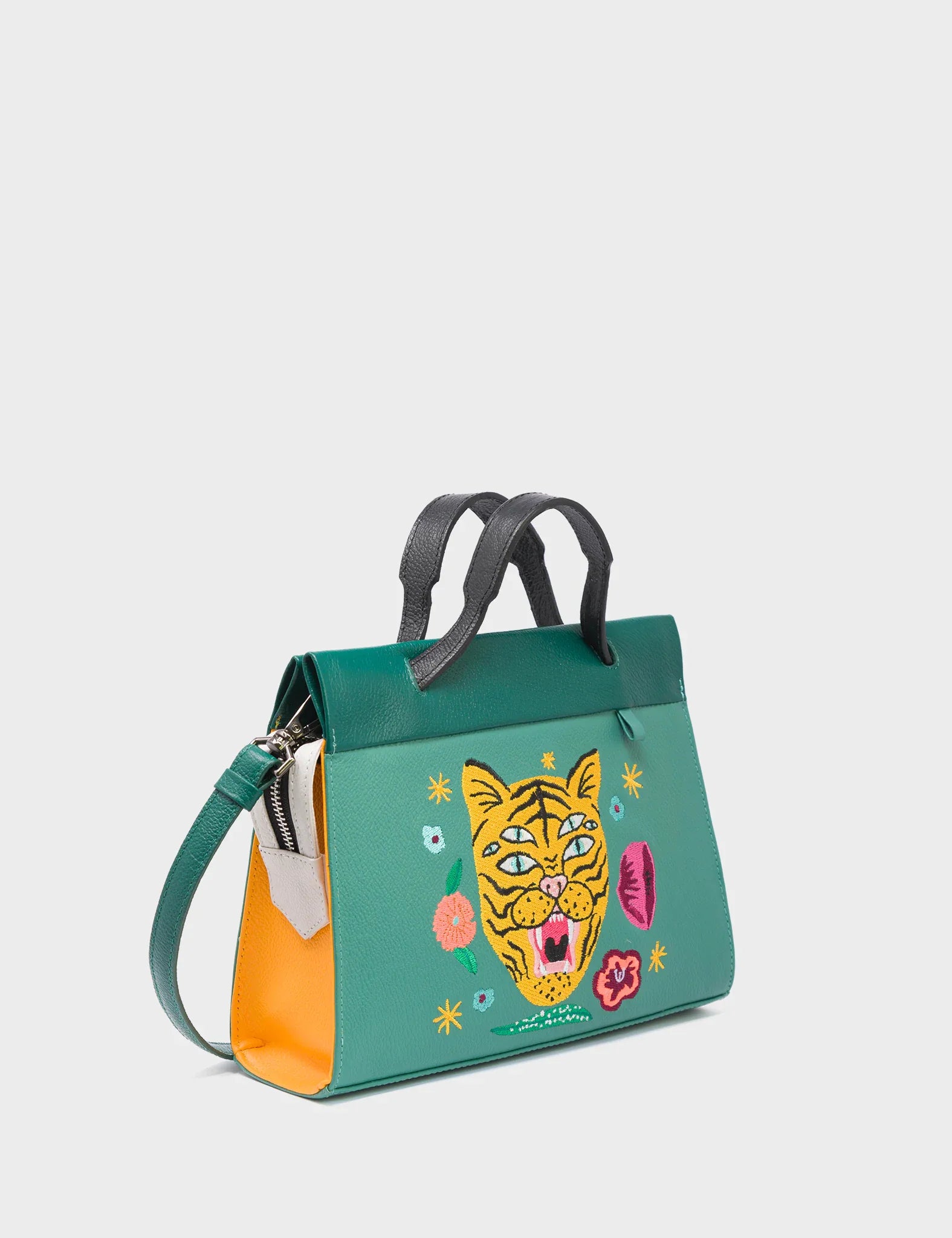 Vali Crossbody Small Deep Sea Green Leather Bag - Tiger and Flowers Embroidery