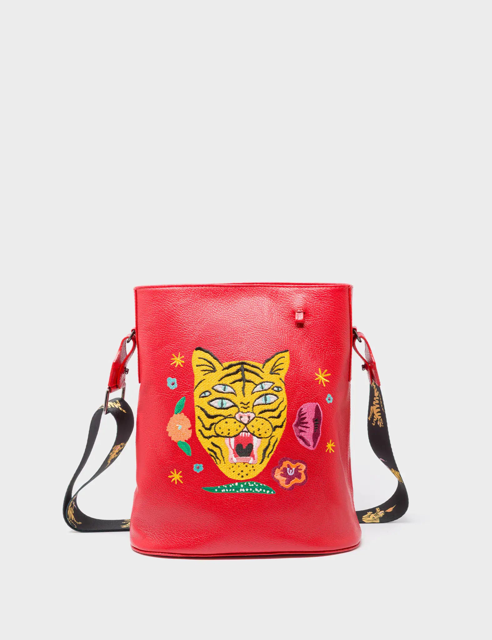 Vincent Jester Red Leather Shoulder Bag - Happy Tiger Embroidery