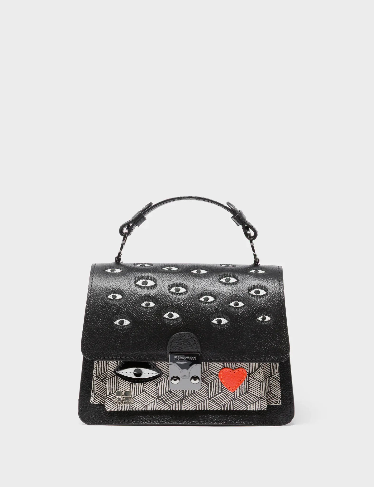 Silas Black Small Leather Crossbody Bag - All Over Eyes Embroidery