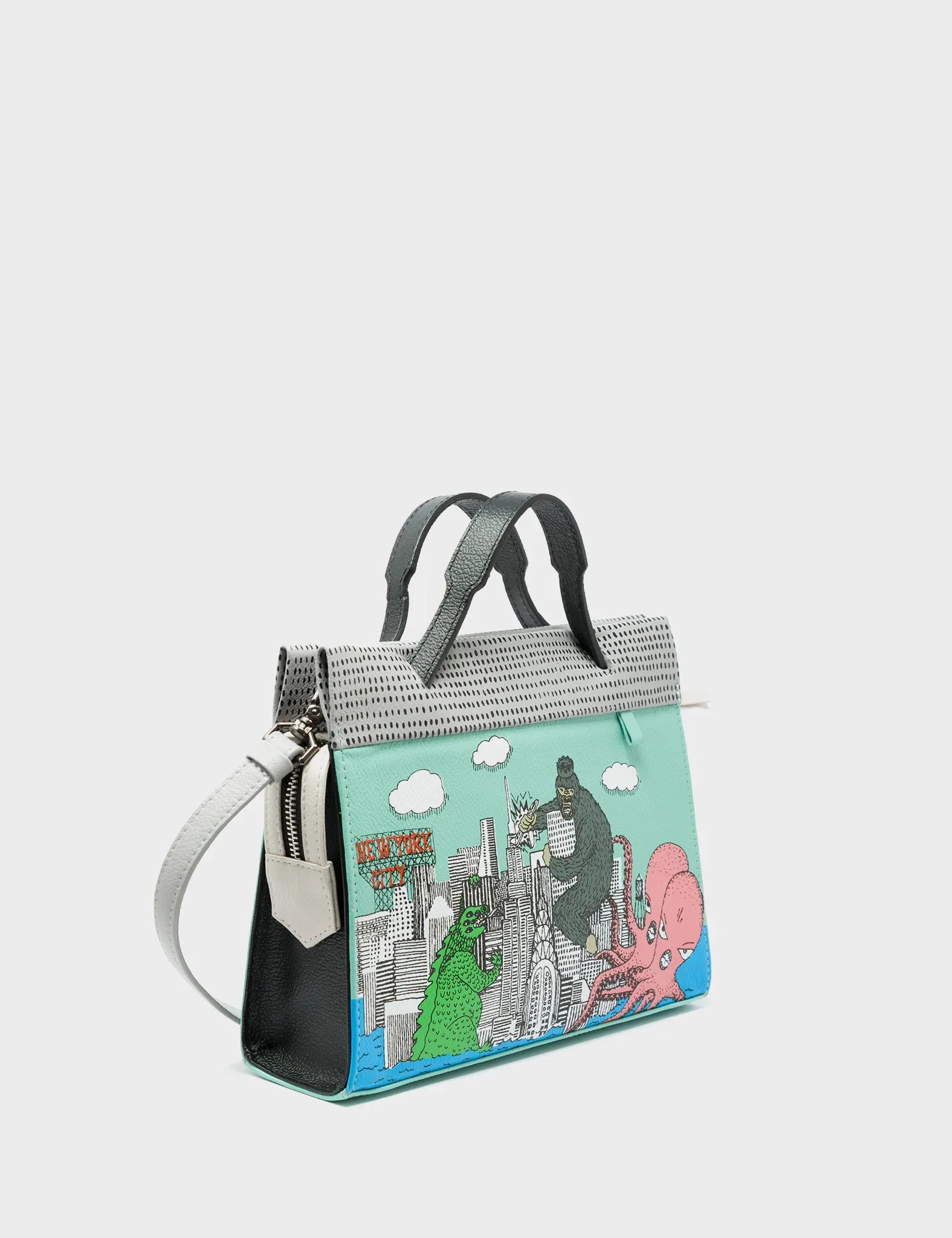 Vali Small Crossbody Oceanic Green and Black Leather Bag - Hairy Harold Print