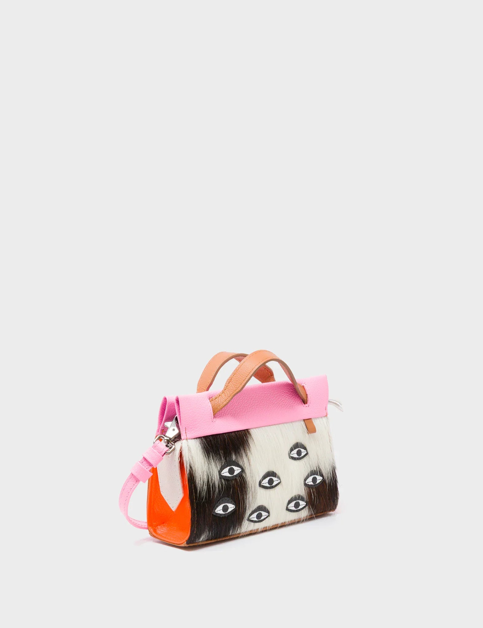 Vali Crossbody Micro Bubblegum Pink and Neon Orange Leather Bag - Eyes Applique Adjustable Handle