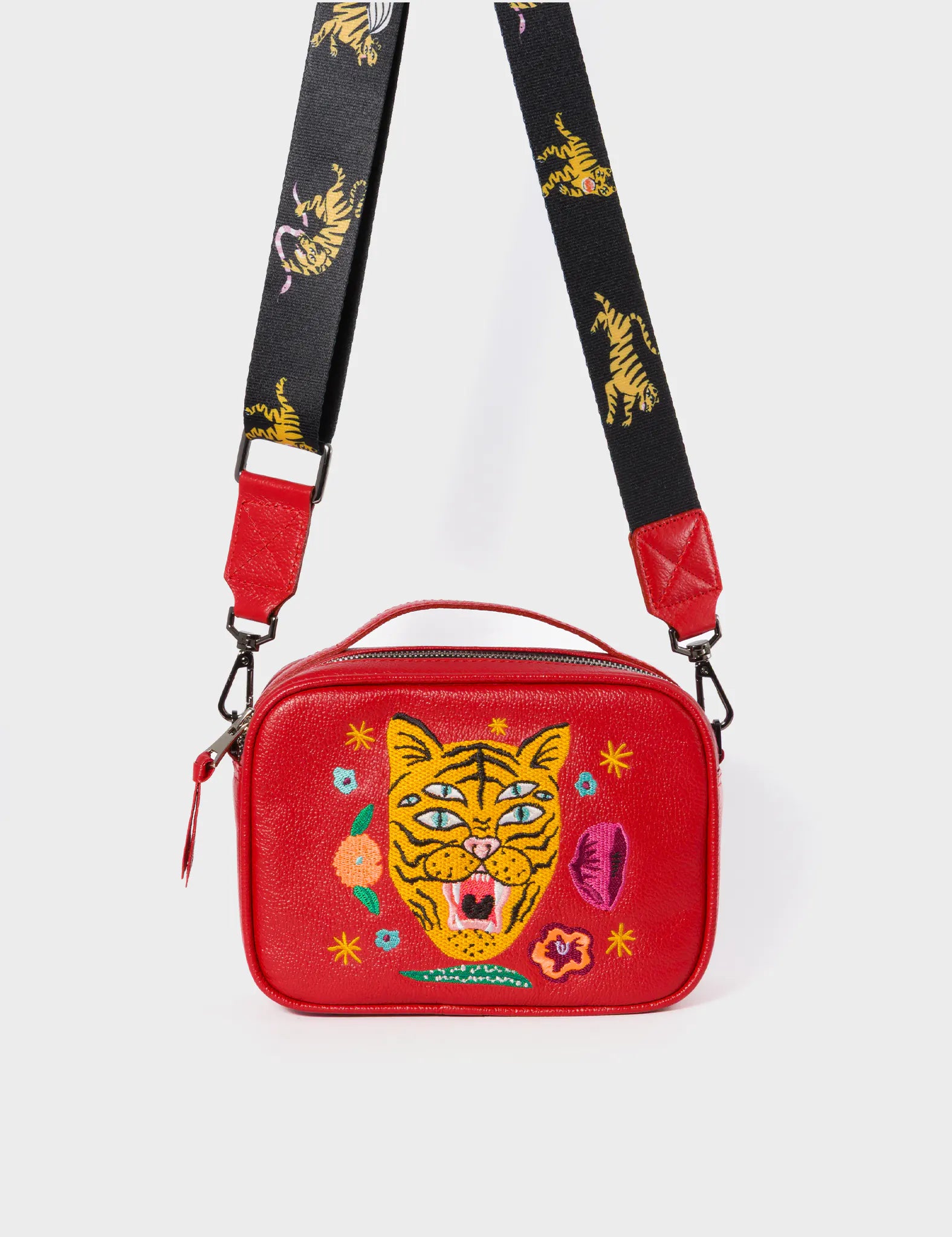 Verto Jester Red Leather Crossbody Bag - Happy Tiger Embroidery