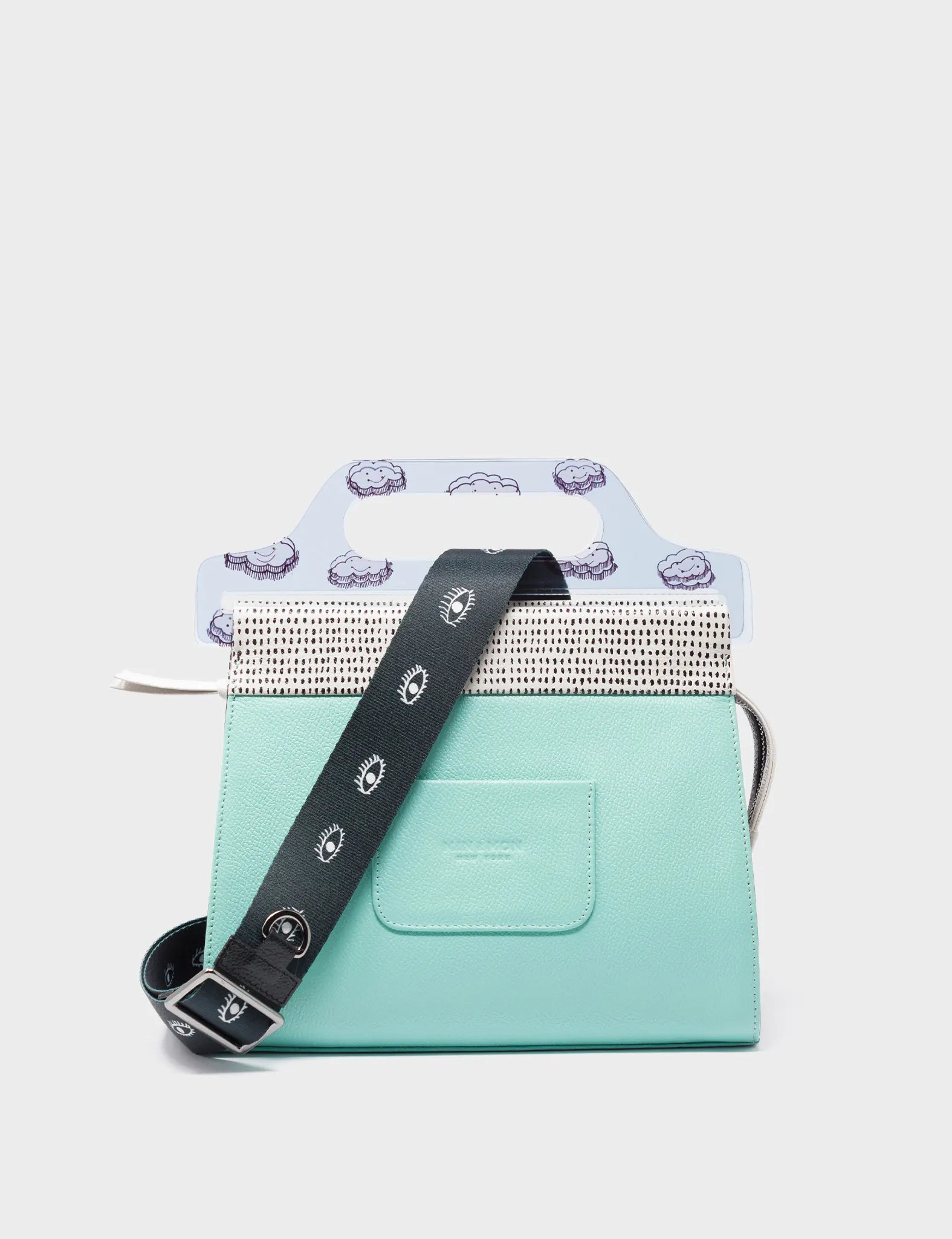 Vali Oceanic Green and Black Leather Crossbody Handbag Plastic Handle - Hairy Harold Print