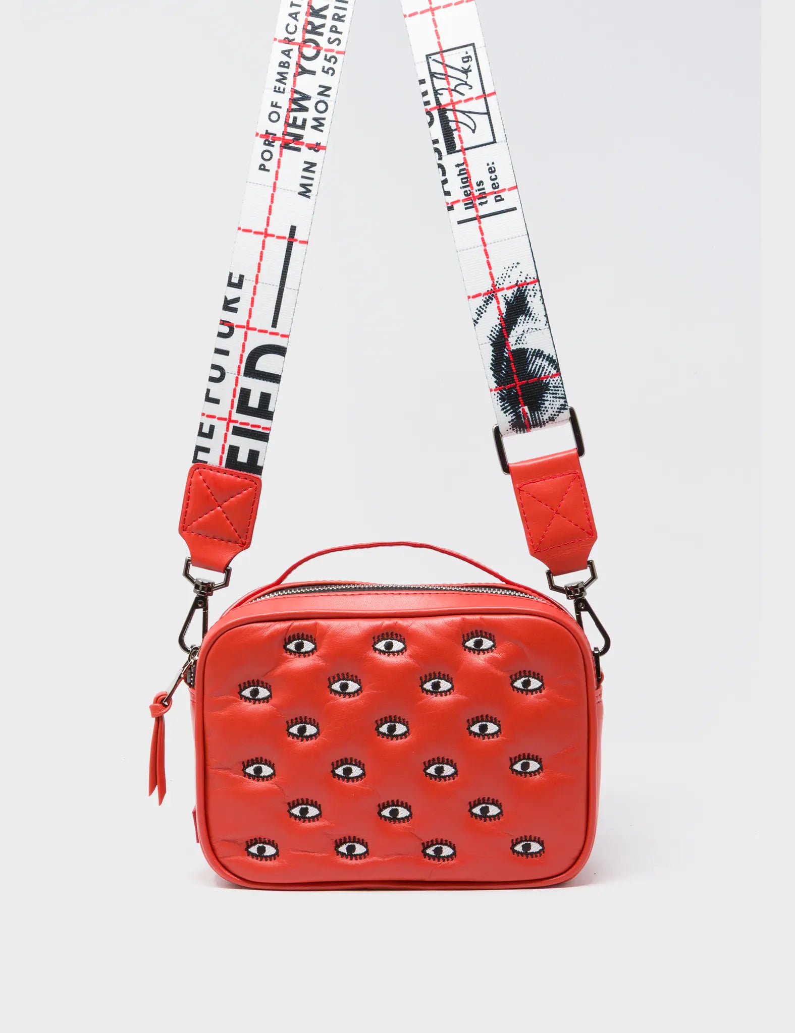 Verto Poppy Red Leather Crossbody Bag - All Over Eyes Padded Embroidery
