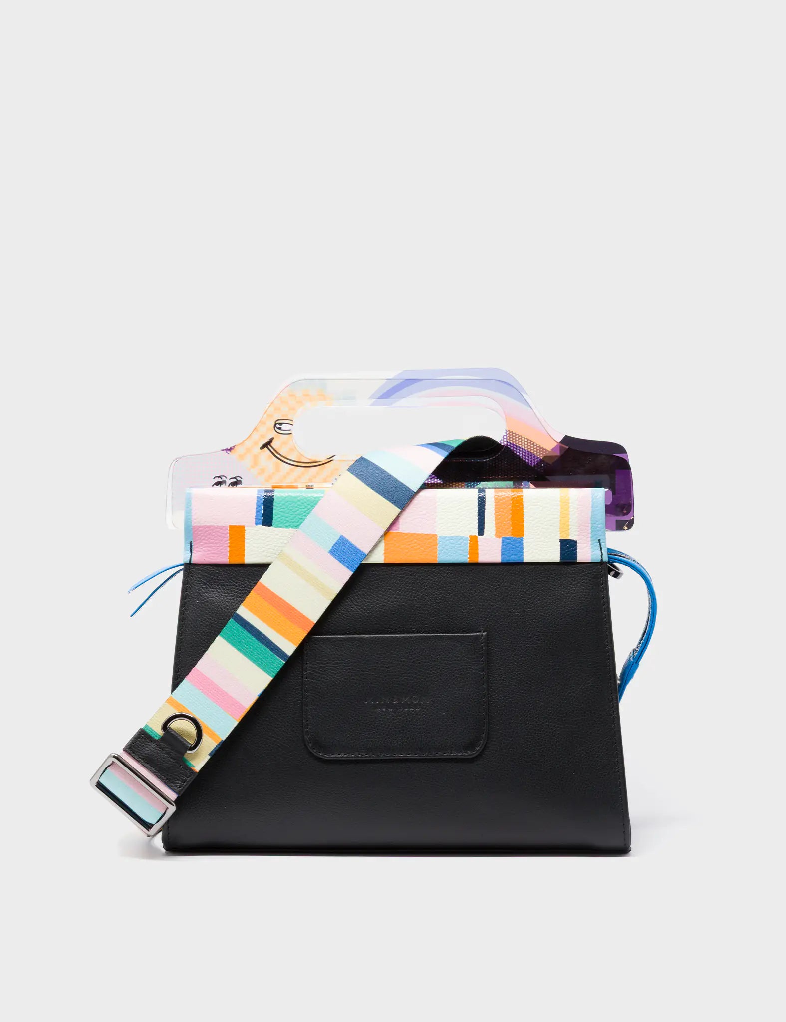 Vali Black Leather Crossbody Handbag Plastic Handle - Happy Mountanis Print