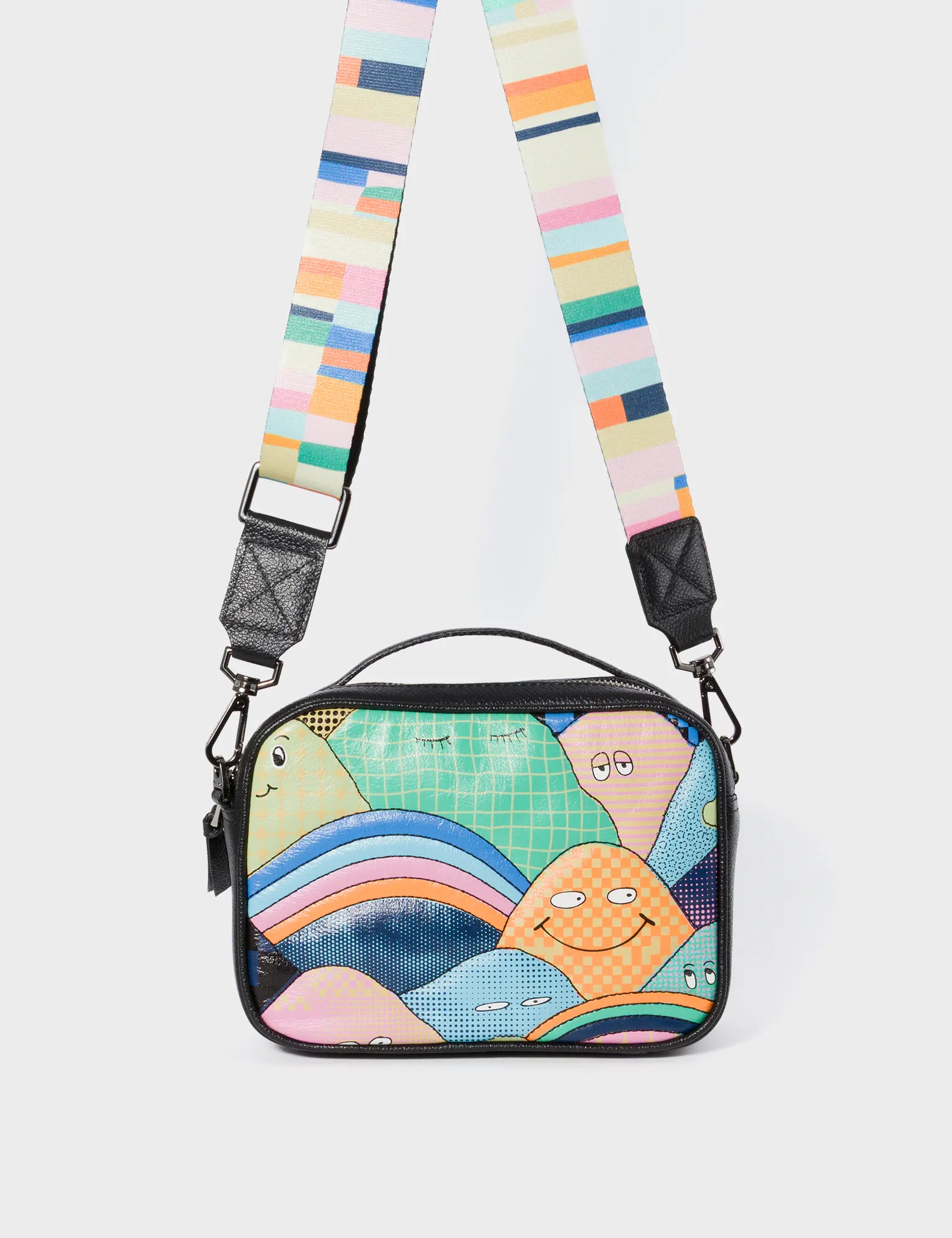 Verto Black Leather Crossbody Bag - Happy Mountains Print