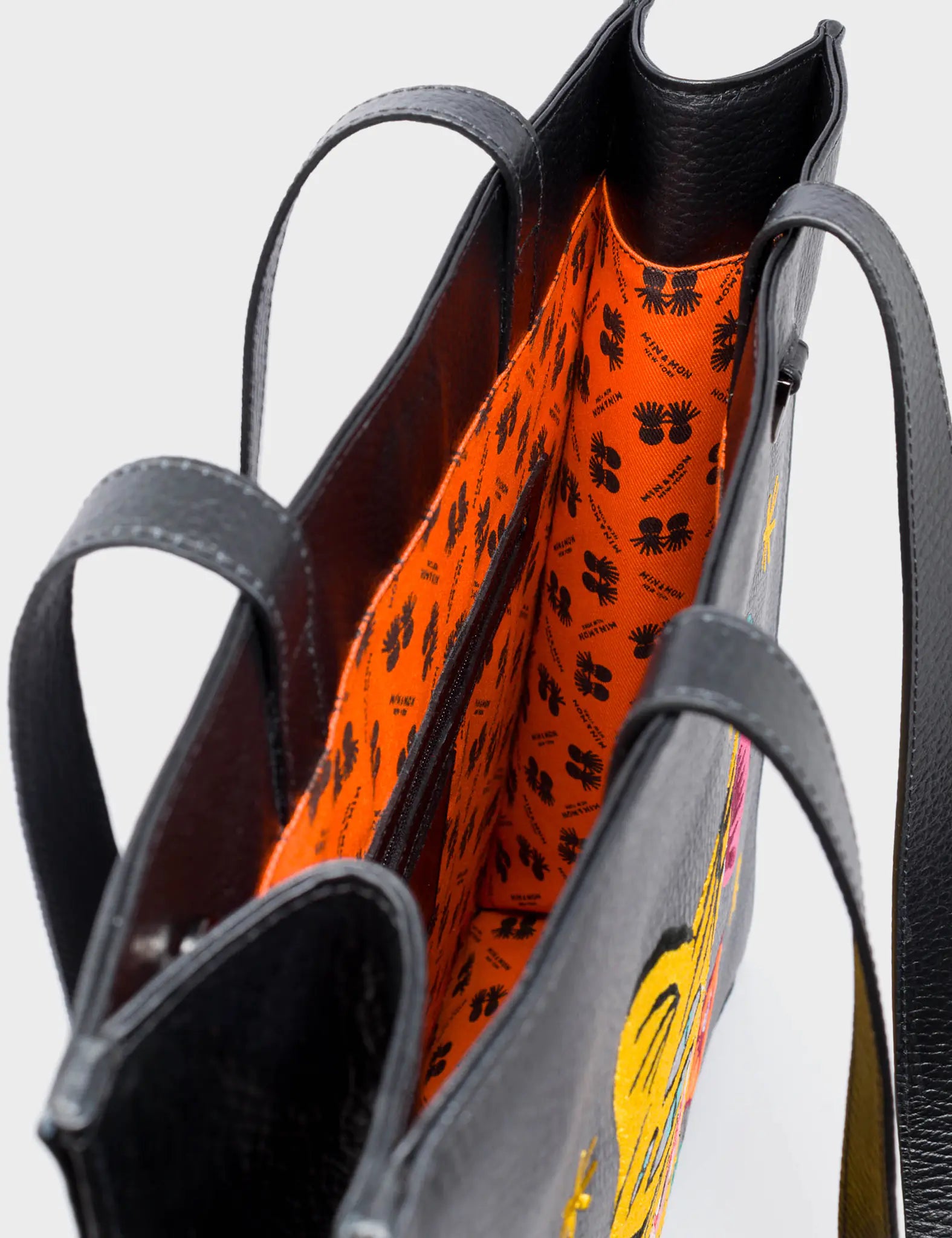 Marko Black Leather Tote Bag - Tiger and Flowers Embroidery