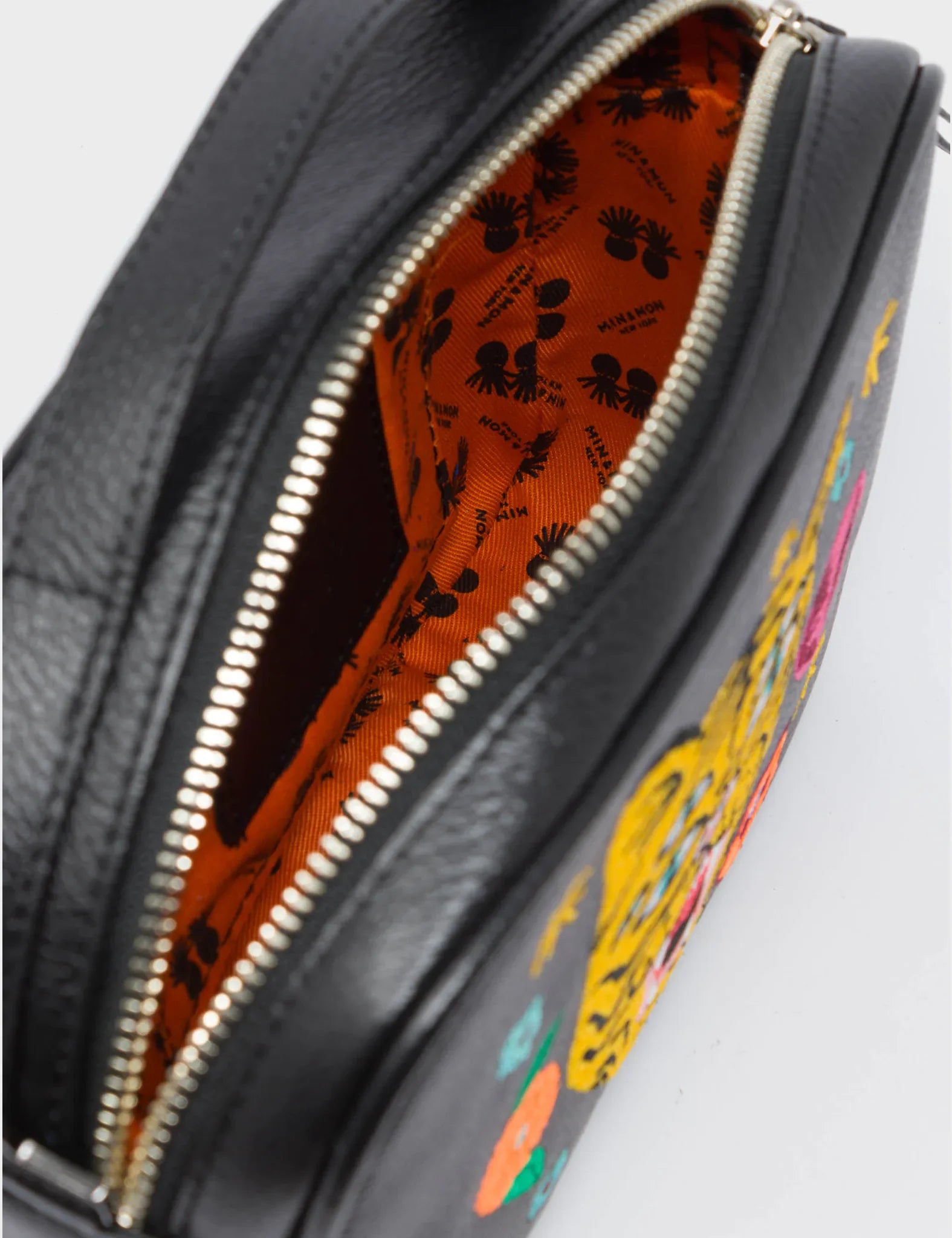 Verto Black Leather Crossbody Bag - Tiger and Flowers Embroidery