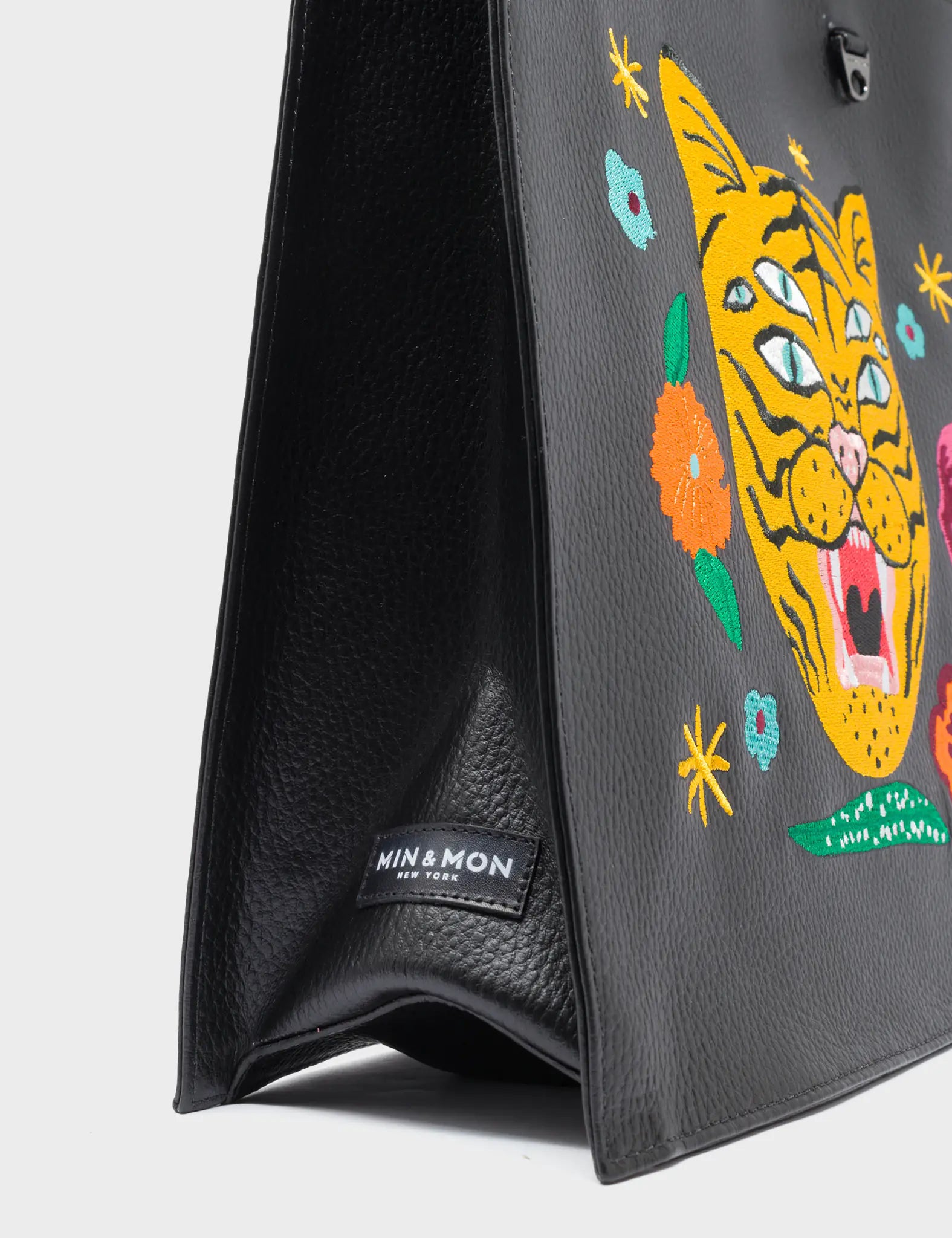 Marko Black Leather Tote Bag - Tiger and Flowers Embroidery