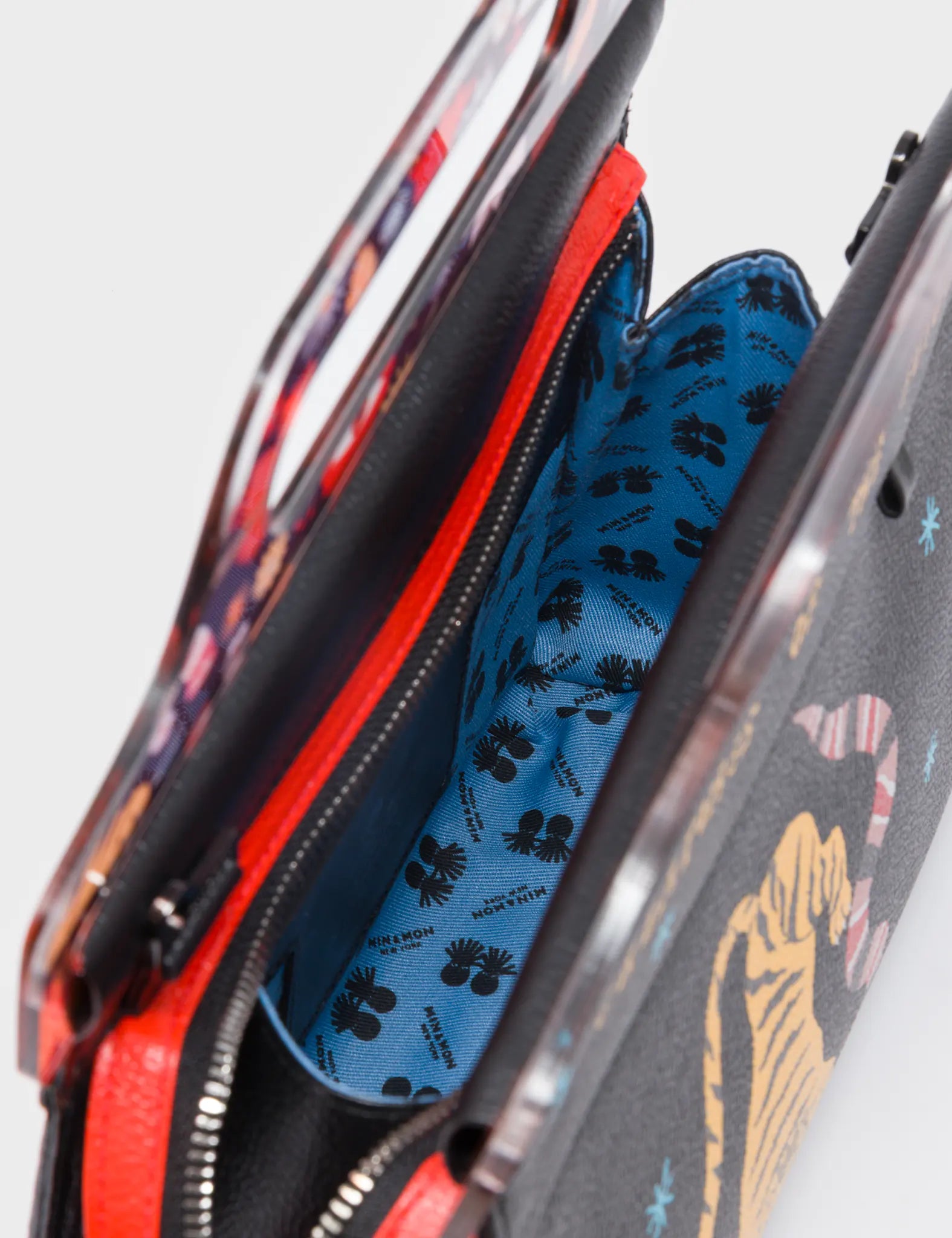 Vali Black Leather Crossbody Handbag Plastic Handle - Tiger And Snake Print