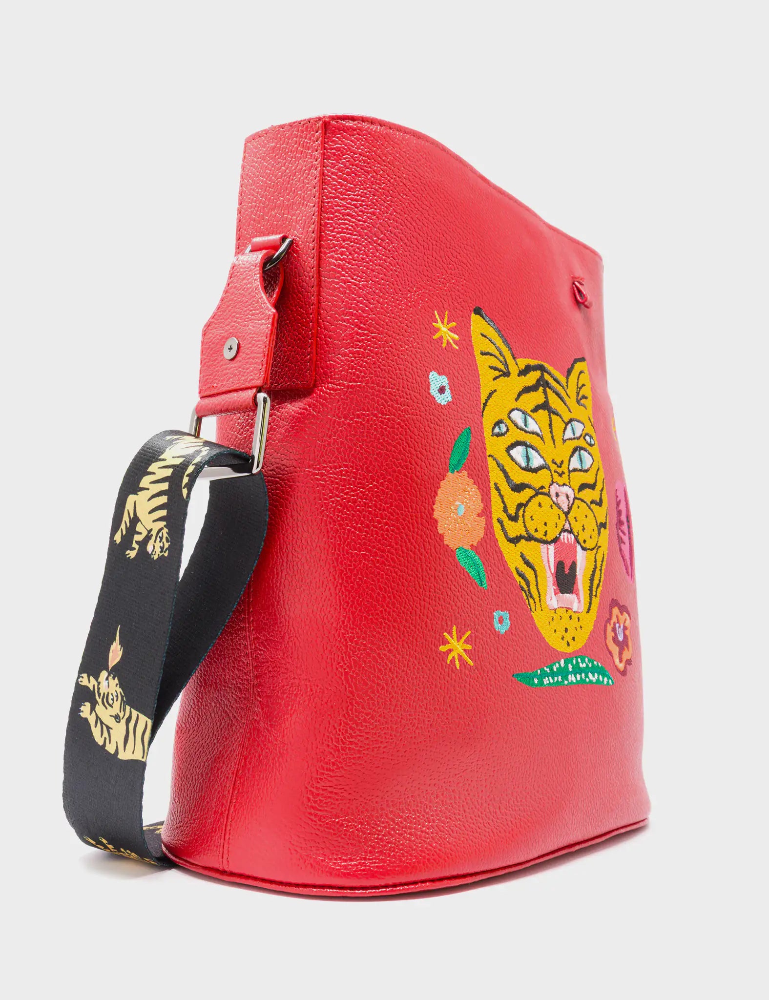 Vincent Jester Red Leather Shoulder Bag - Happy Tiger Embroidery