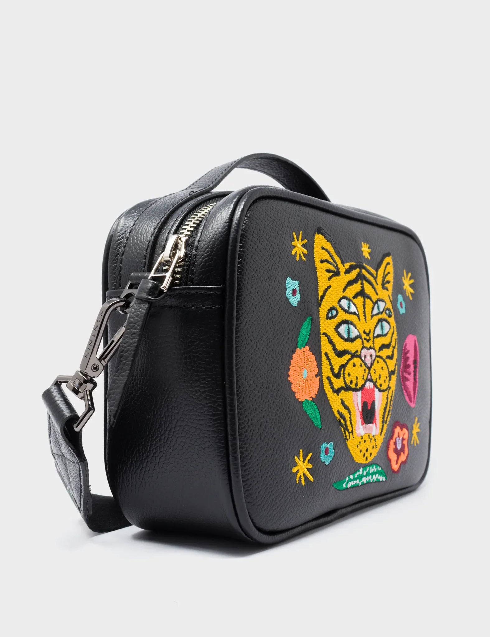Verto Black Leather Crossbody Bag - Tiger and Flowers Embroidery