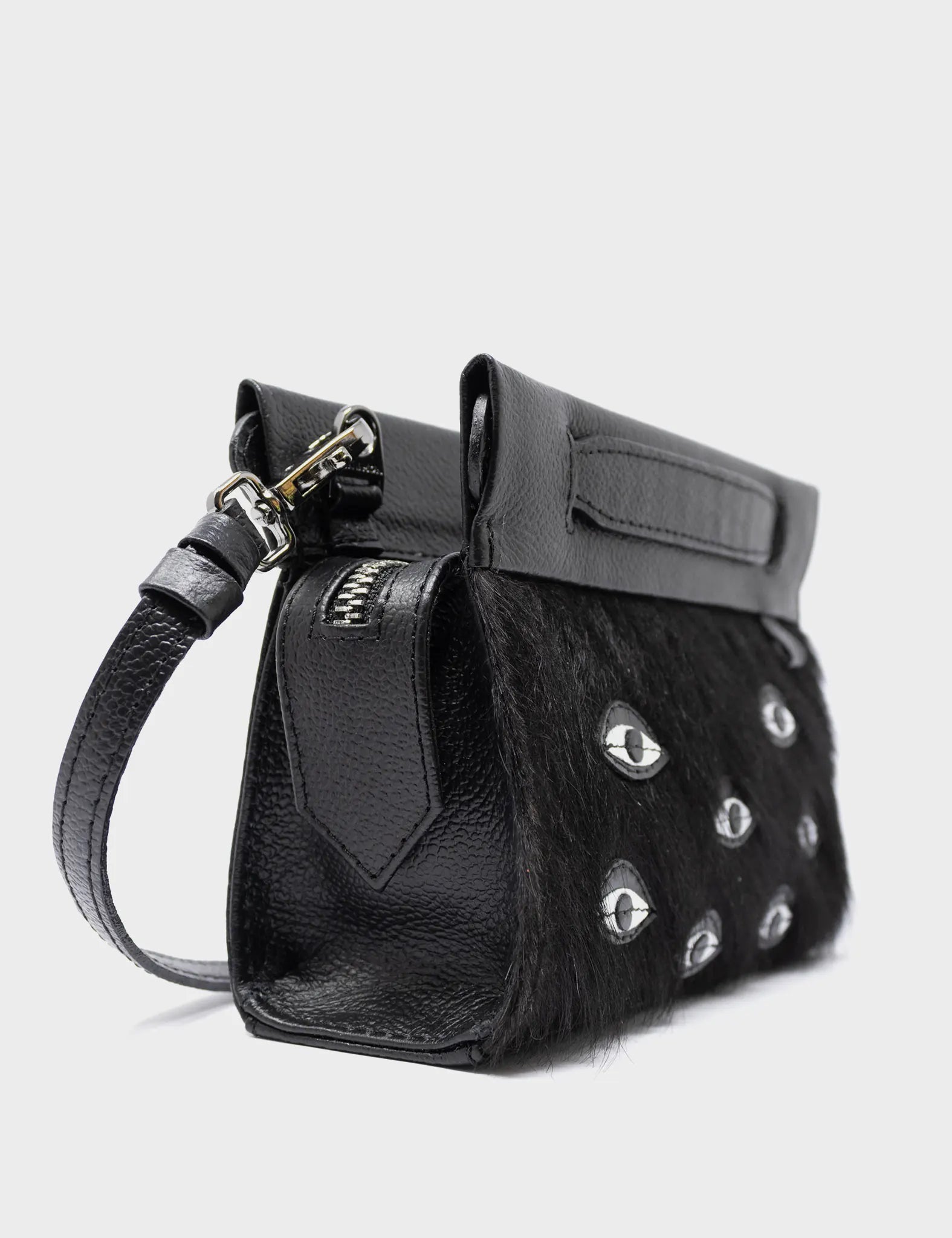 Vali Crossbody Micro Black Leather Bag - Eyes Applique Adjustable Handle