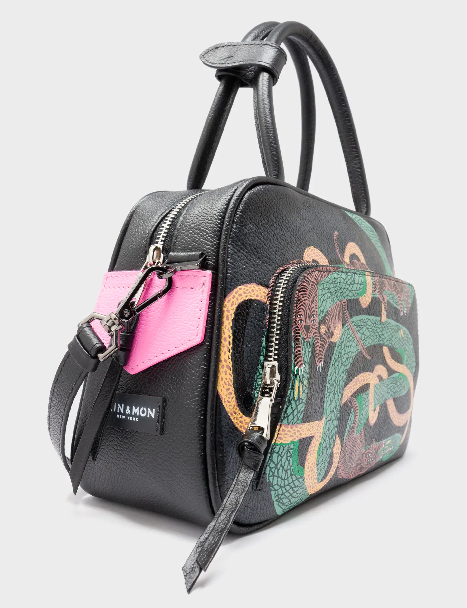 Marino Medium Crossbody Black Leather Bag - Tiger And Snake Print