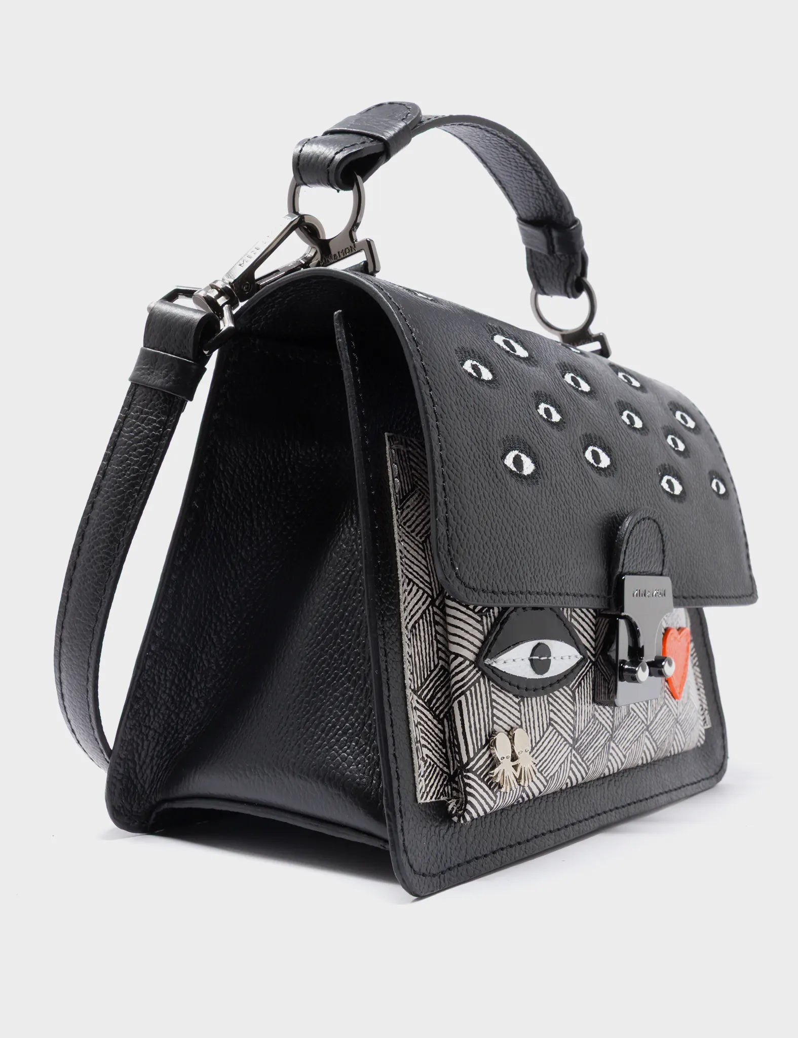 Silas Black Small Leather Crossbody Bag - All Over Eyes Embroidery