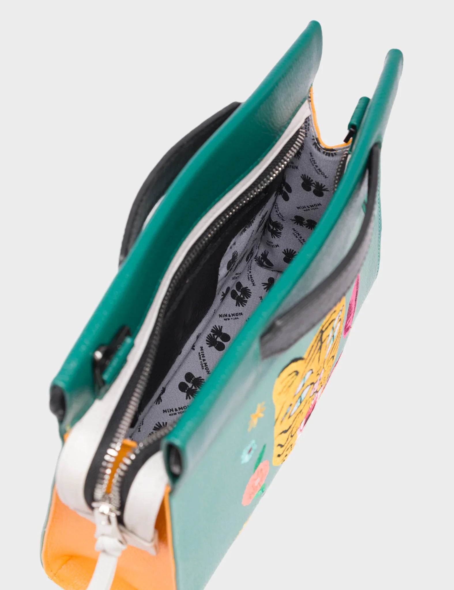 Vali Crossbody Small Deep Sea Green Leather Bag - Tiger and Flowers Embroidery