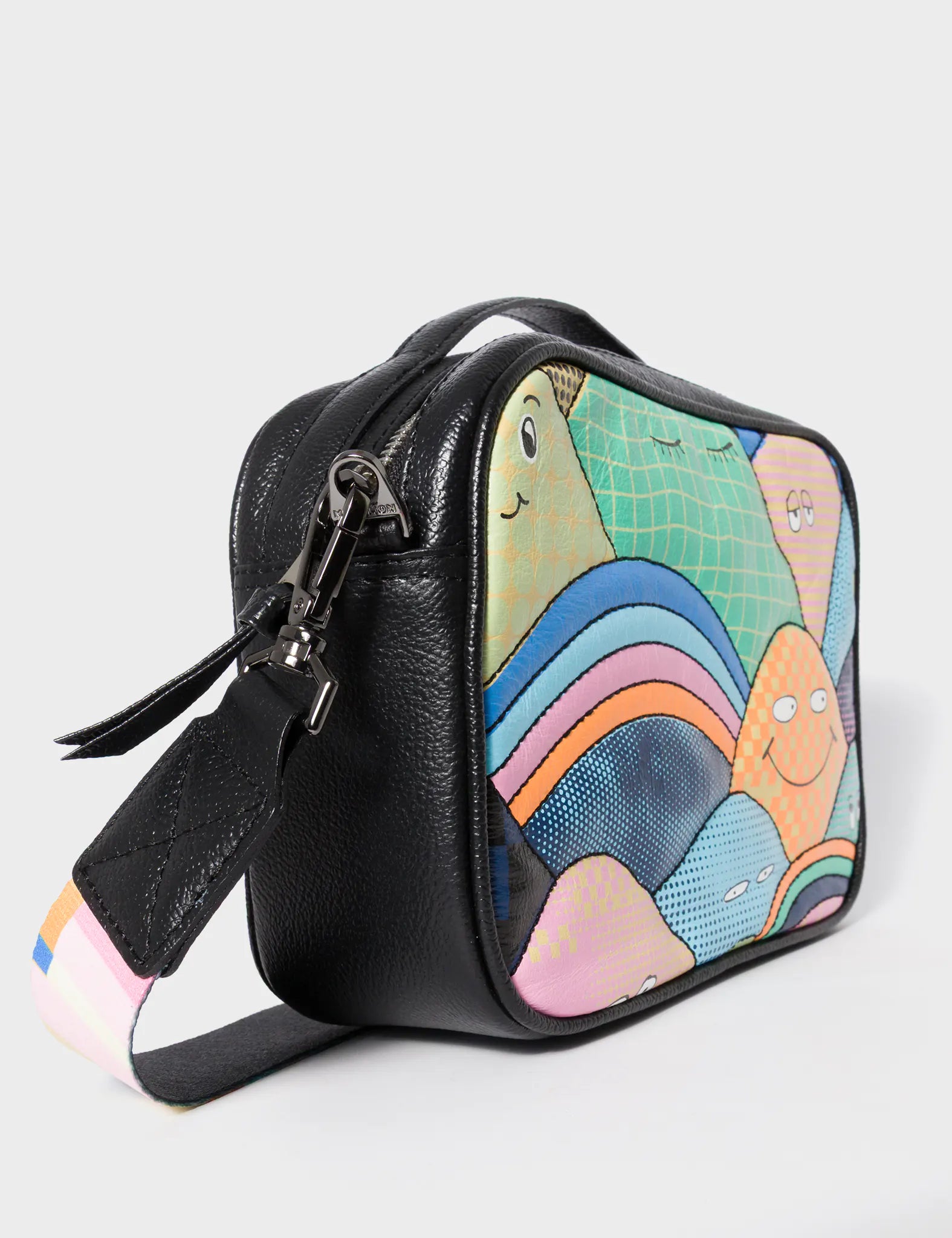Verto Black Leather Crossbody Bag - Happy Mountains Print