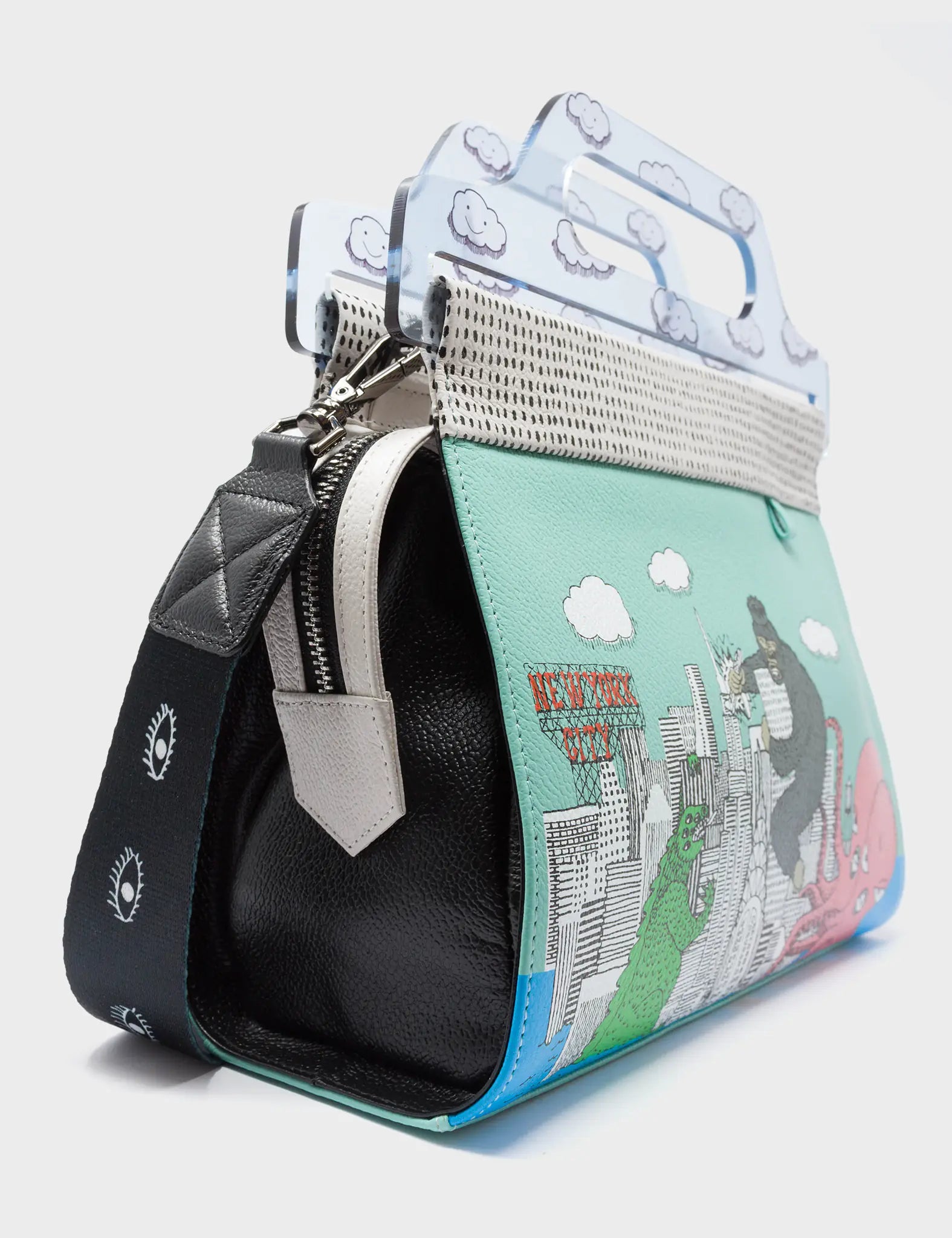 Vali Oceanic Green and Black Leather Crossbody Handbag Plastic Handle - Hairy Harold Print