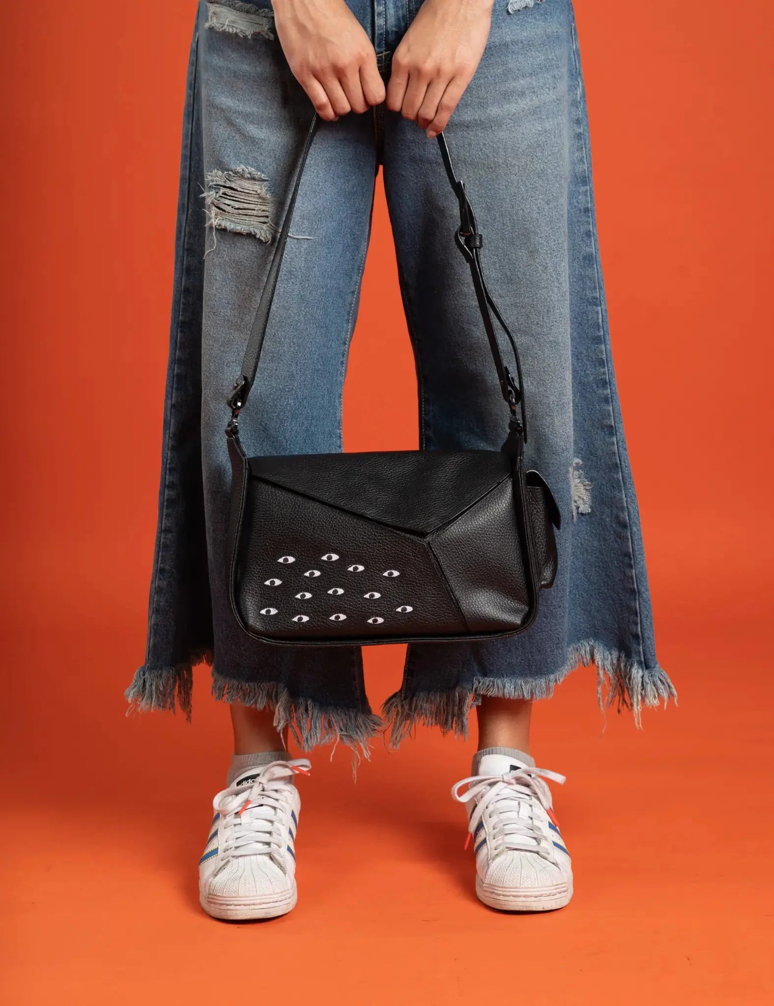 Houston Black Leather Shoulder Bag - Eyes Embroidery