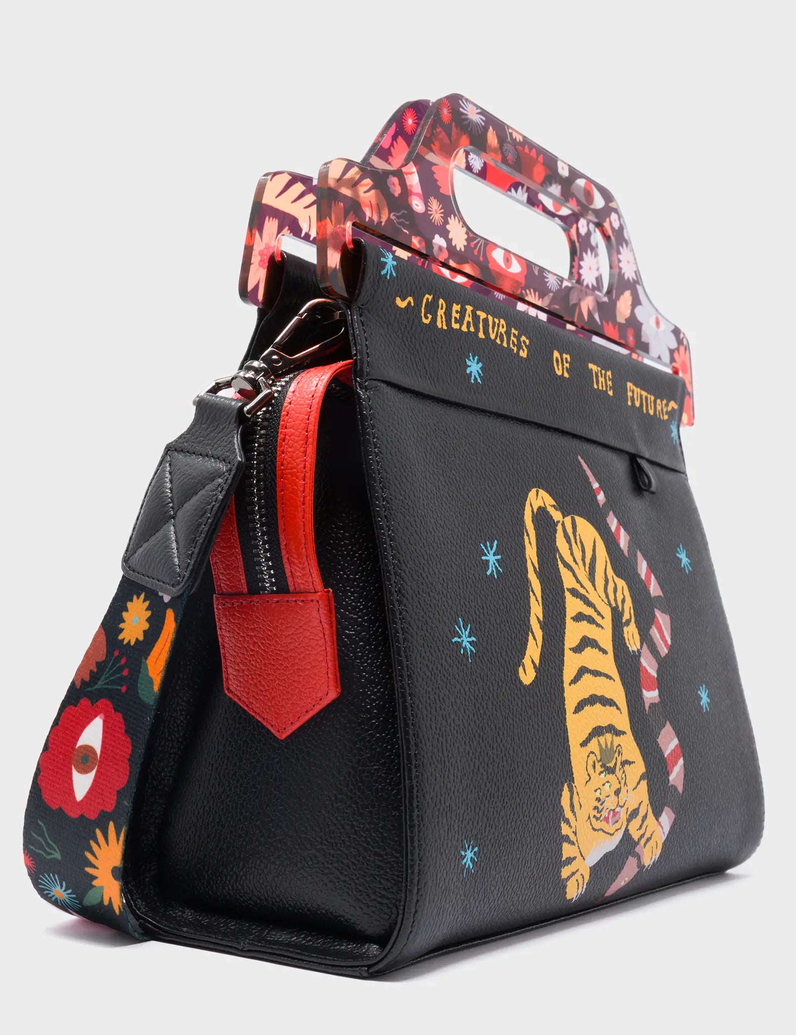 Vali Black Leather Crossbody Handbag Plastic Handle - Tiger And Snake Print