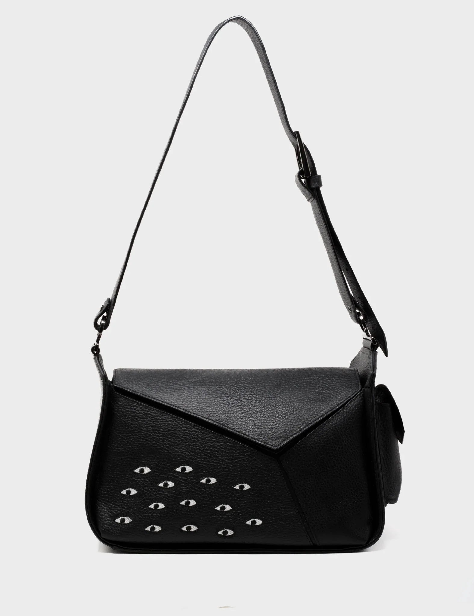Houston Black Leather Shoulder Bag - Eyes Embroidery