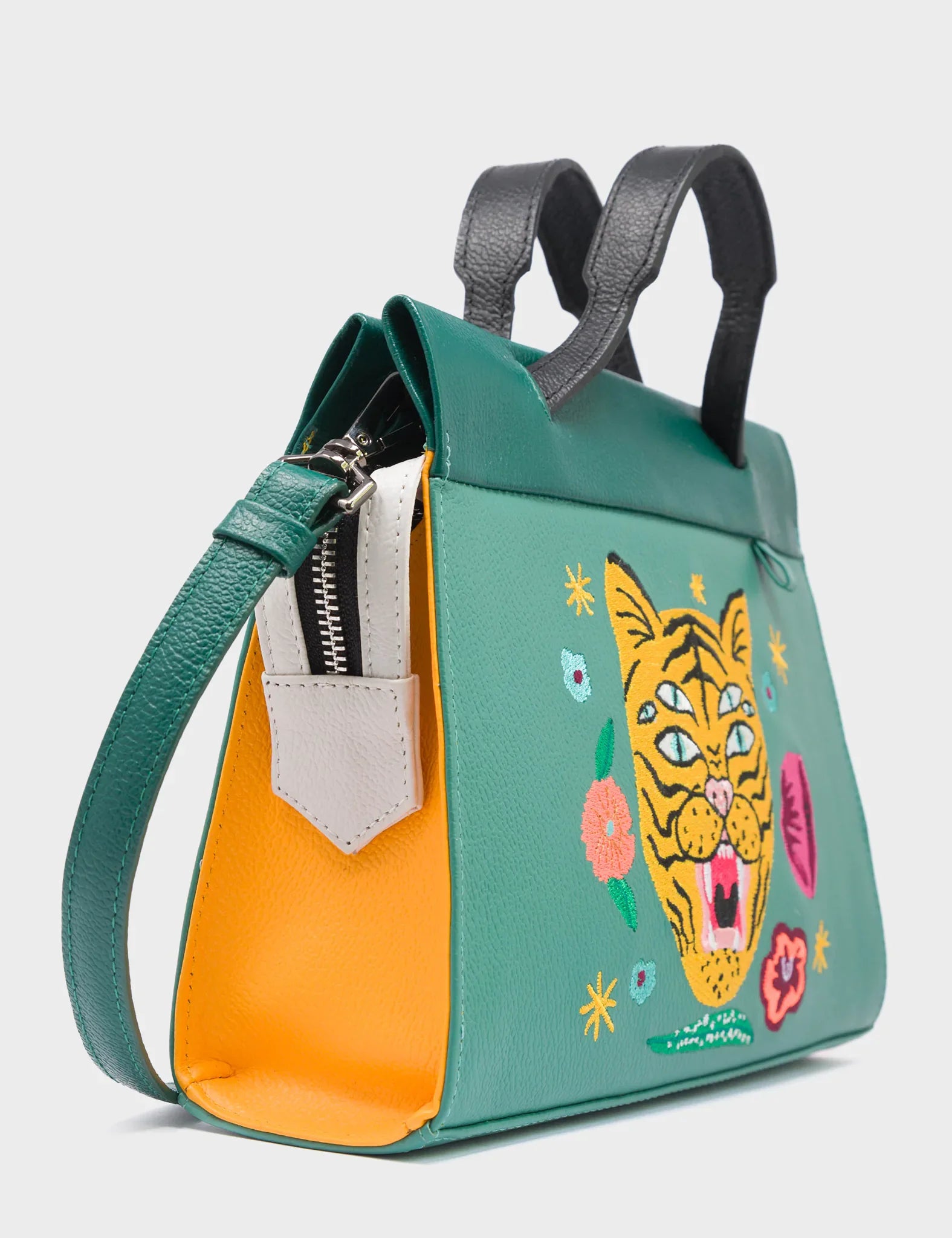 Vali Crossbody Small Deep Sea Green Leather Bag - Tiger and Flowers Embroidery