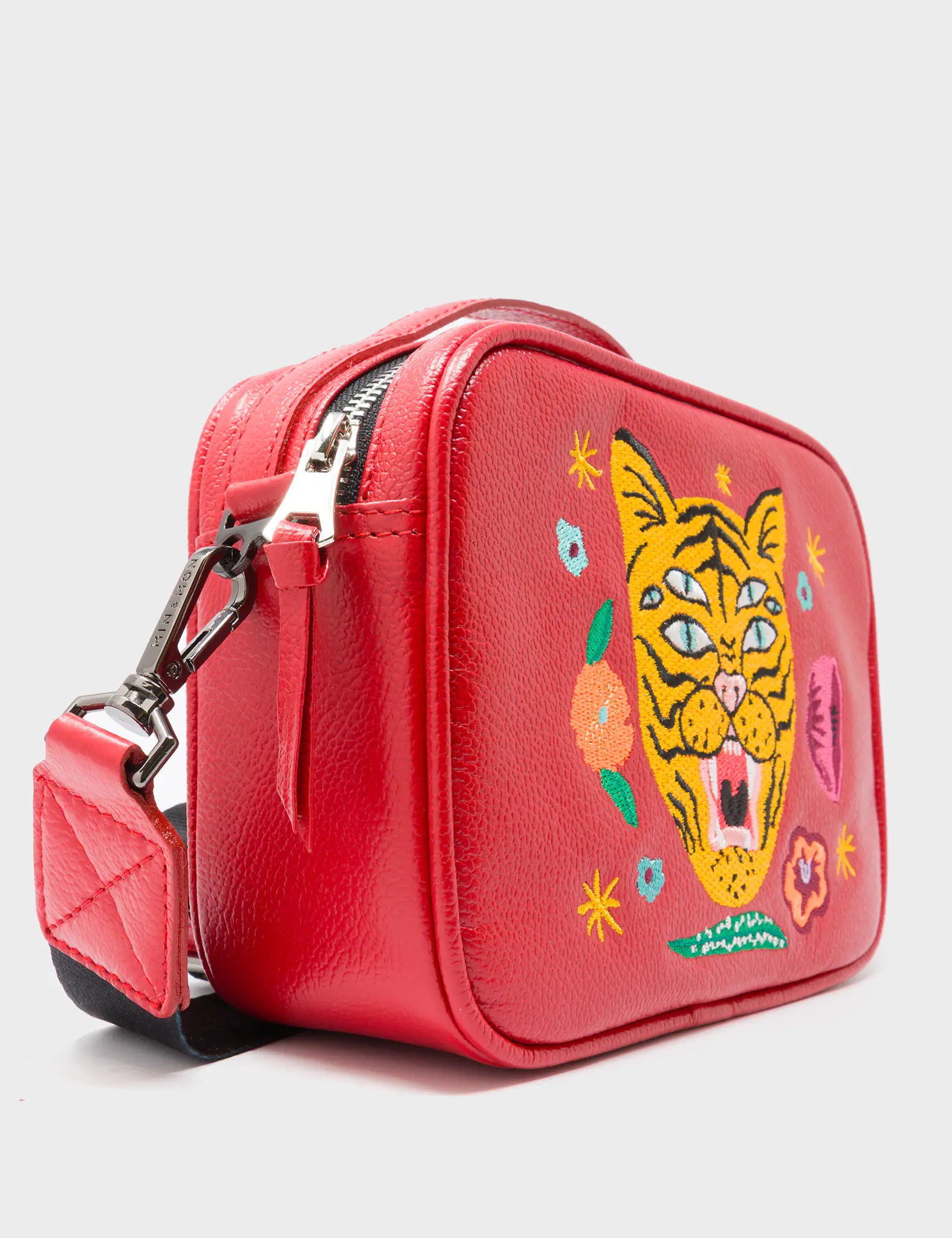 Verto Jester Red Leather Crossbody Bag - Happy Tiger Embroidery