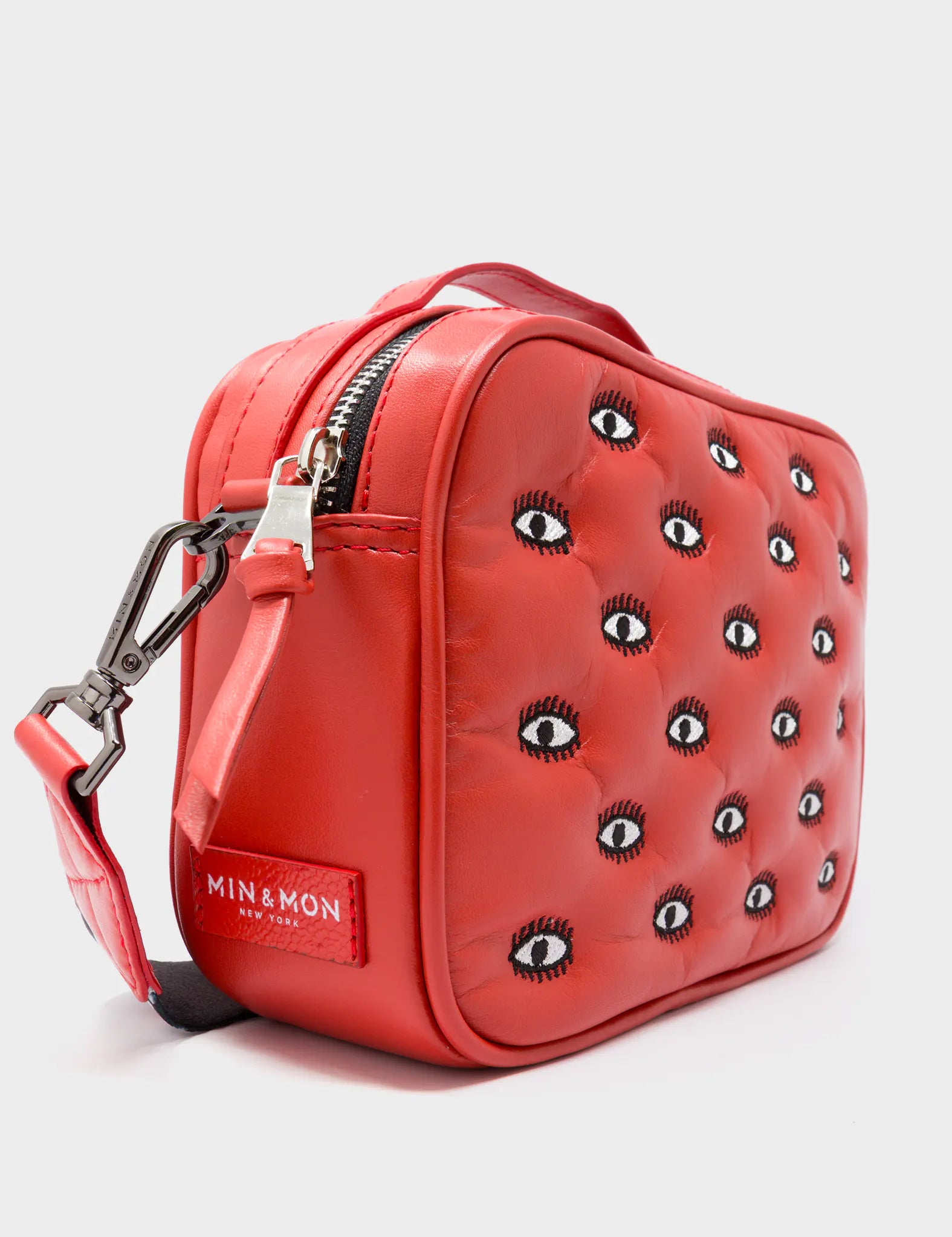Verto Poppy Red Leather Crossbody Bag - All Over Eyes Padded Embroidery
