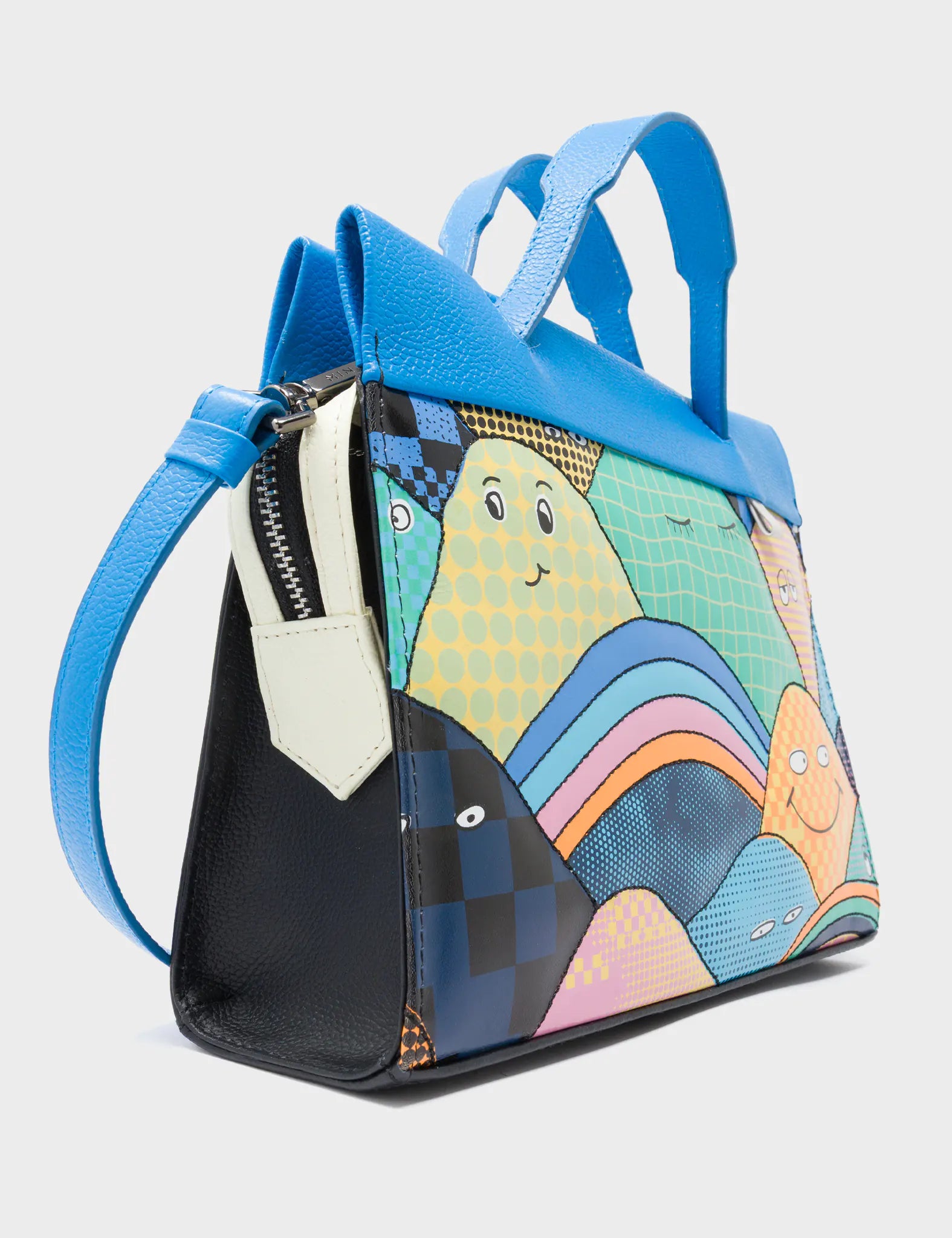 Vali Small Crossbody Ibiza Blue and Black Leather Bag - Happy Mountains Print