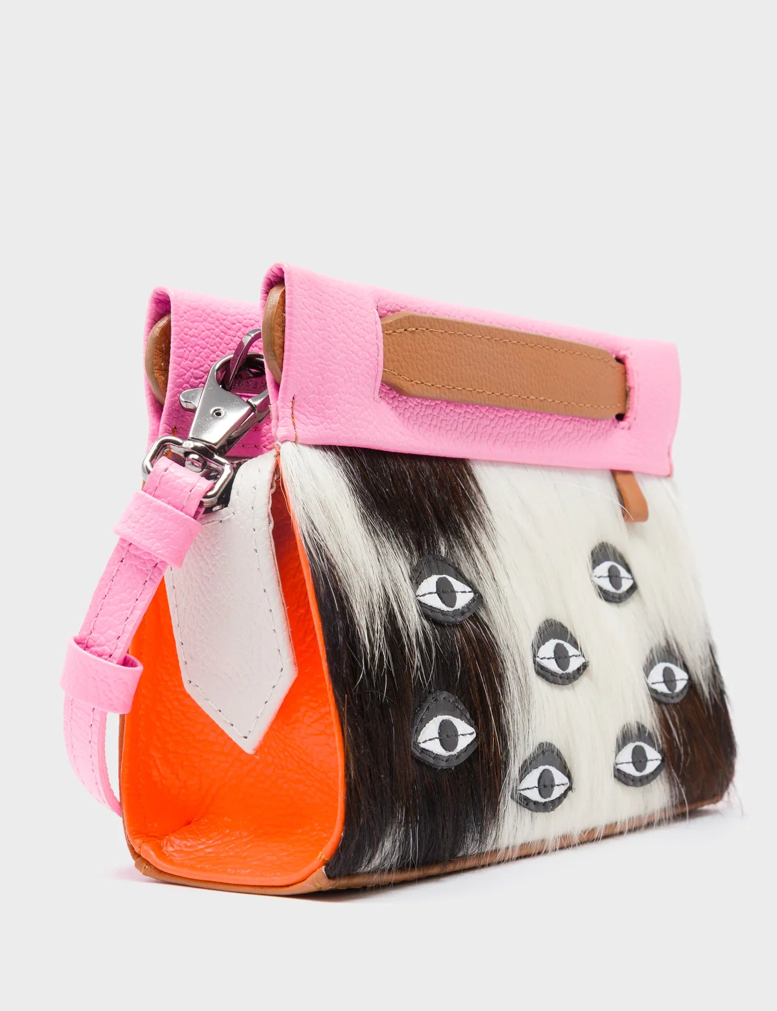 Vali Crossbody Micro Bubblegum Pink and Neon Orange Leather Bag - Eyes Applique Adjustable Handle