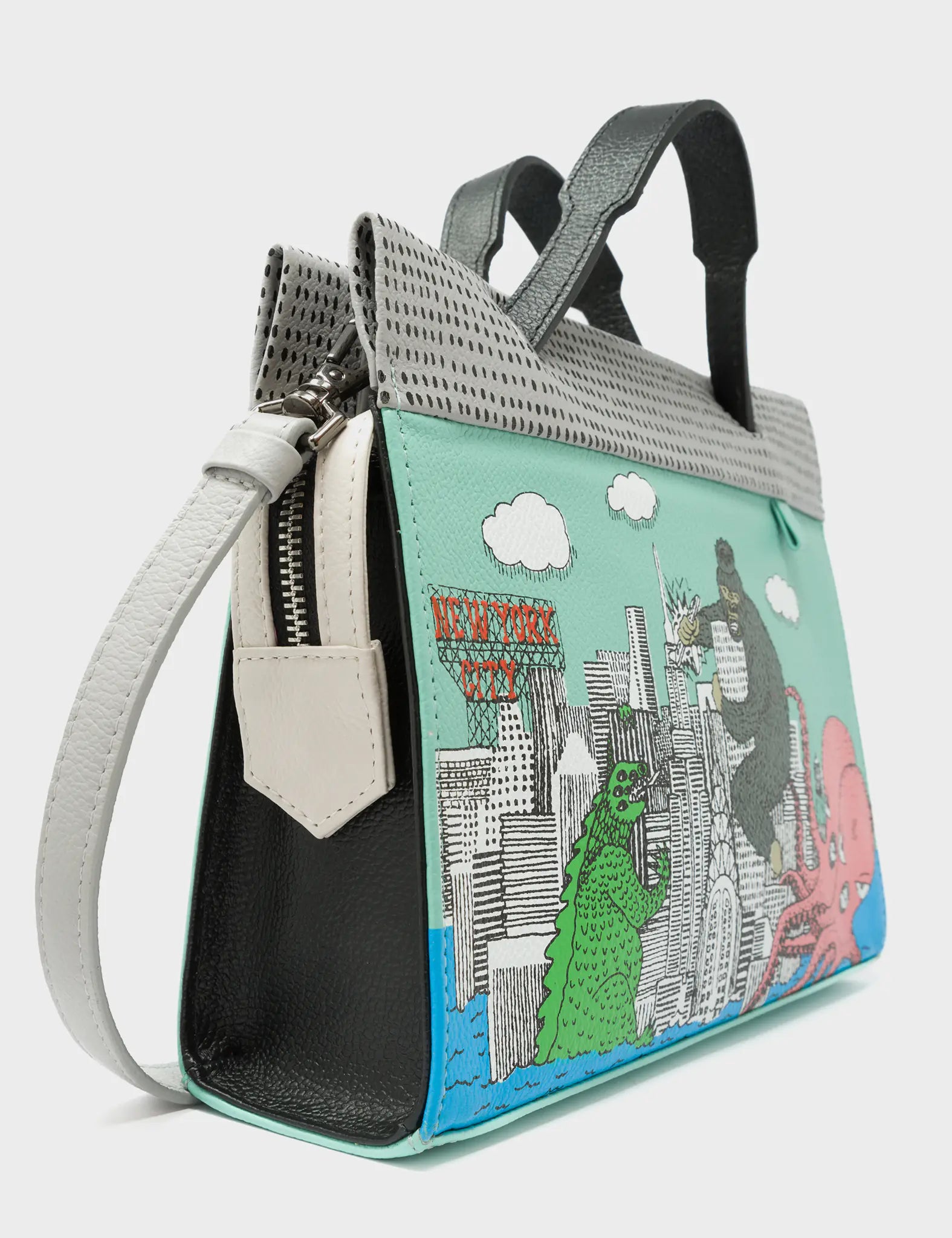 Vali Small Crossbody Oceanic Green and Black Leather Bag - Hairy Harold Print