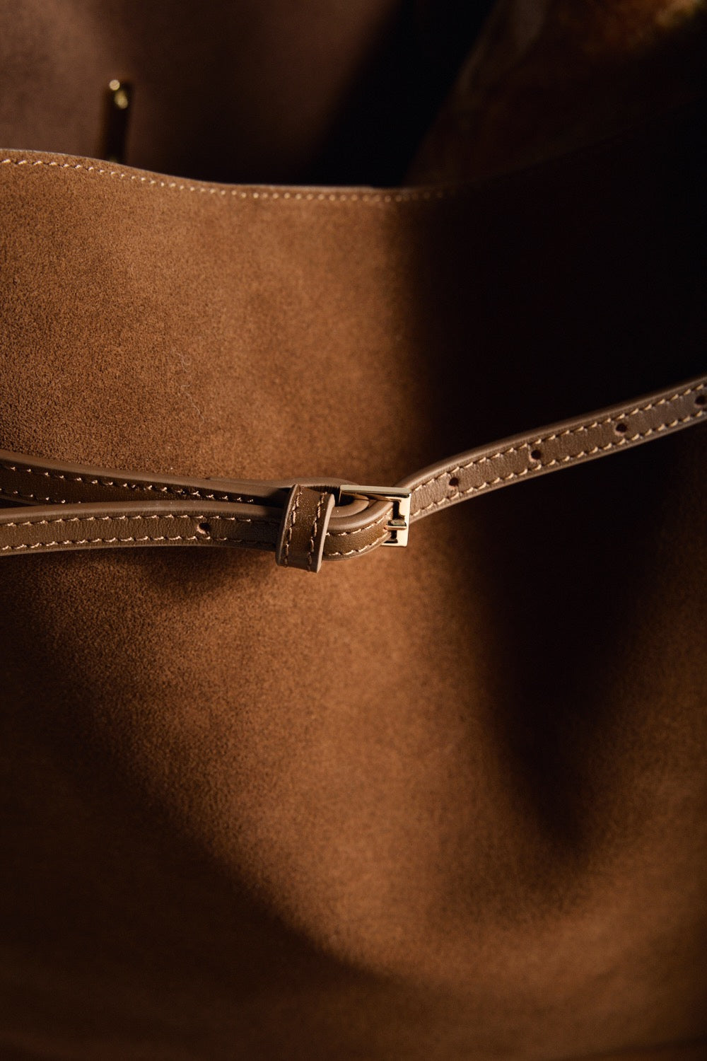 Toffee Suede Belted Tote Bag