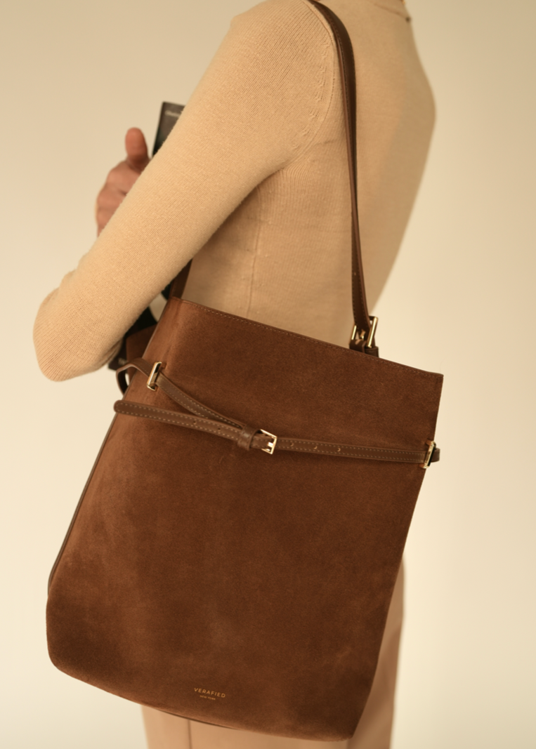 Toffee Suede Belted Tote Bag