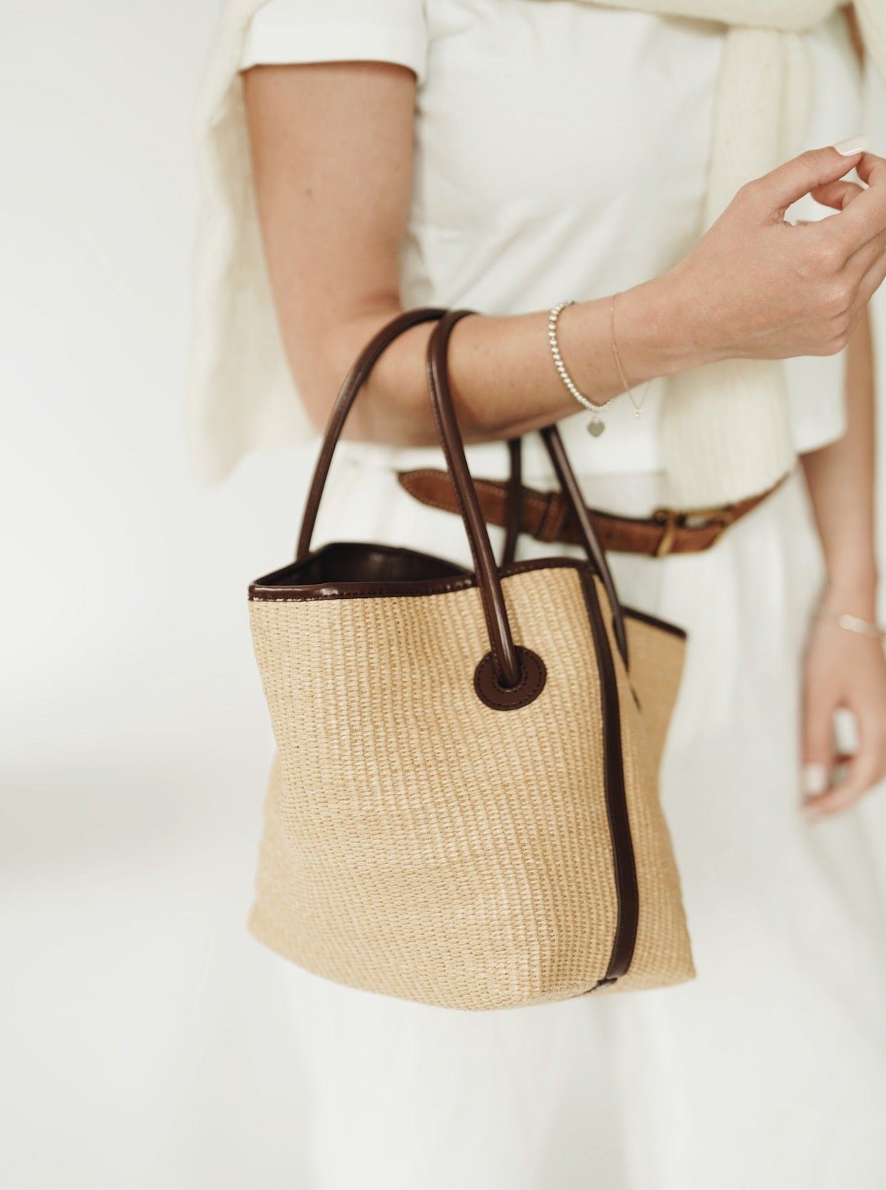 Leather-trimmed Raffia Bucket Bag (Final Sale)